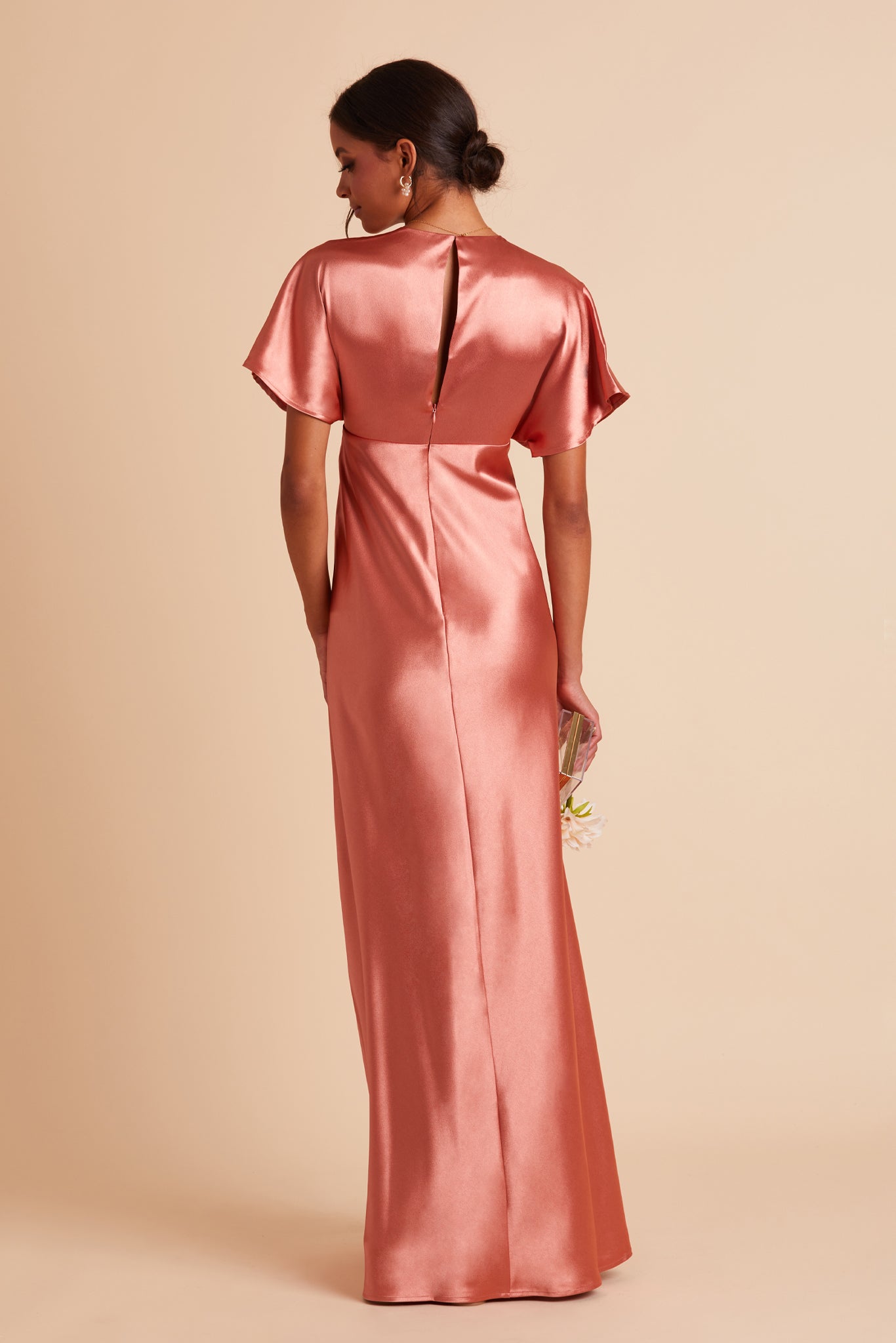 Jesse bridesmaid dress with slit in terracotta satin by Birdy Grey, back view