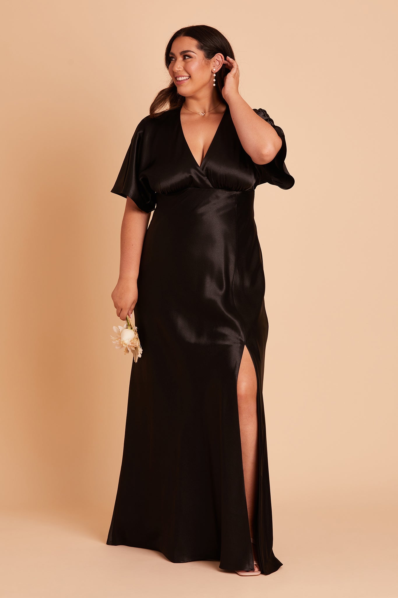 Jesse plus size bridesmaid dress with slit in black satin by Birdy Grey, front view