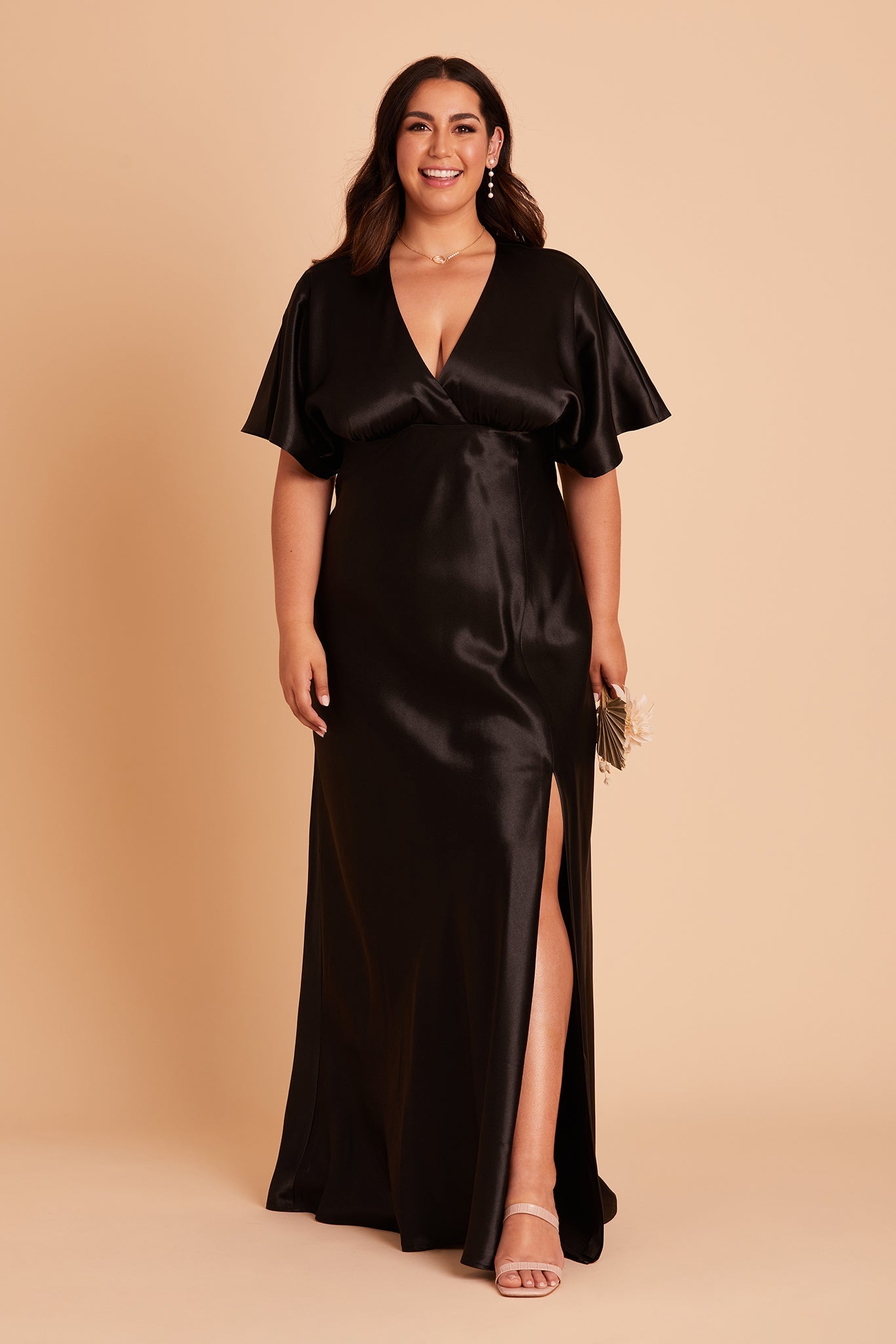 Jesse plus size bridesmaid dress with slit in black satin by Birdy Grey, front view