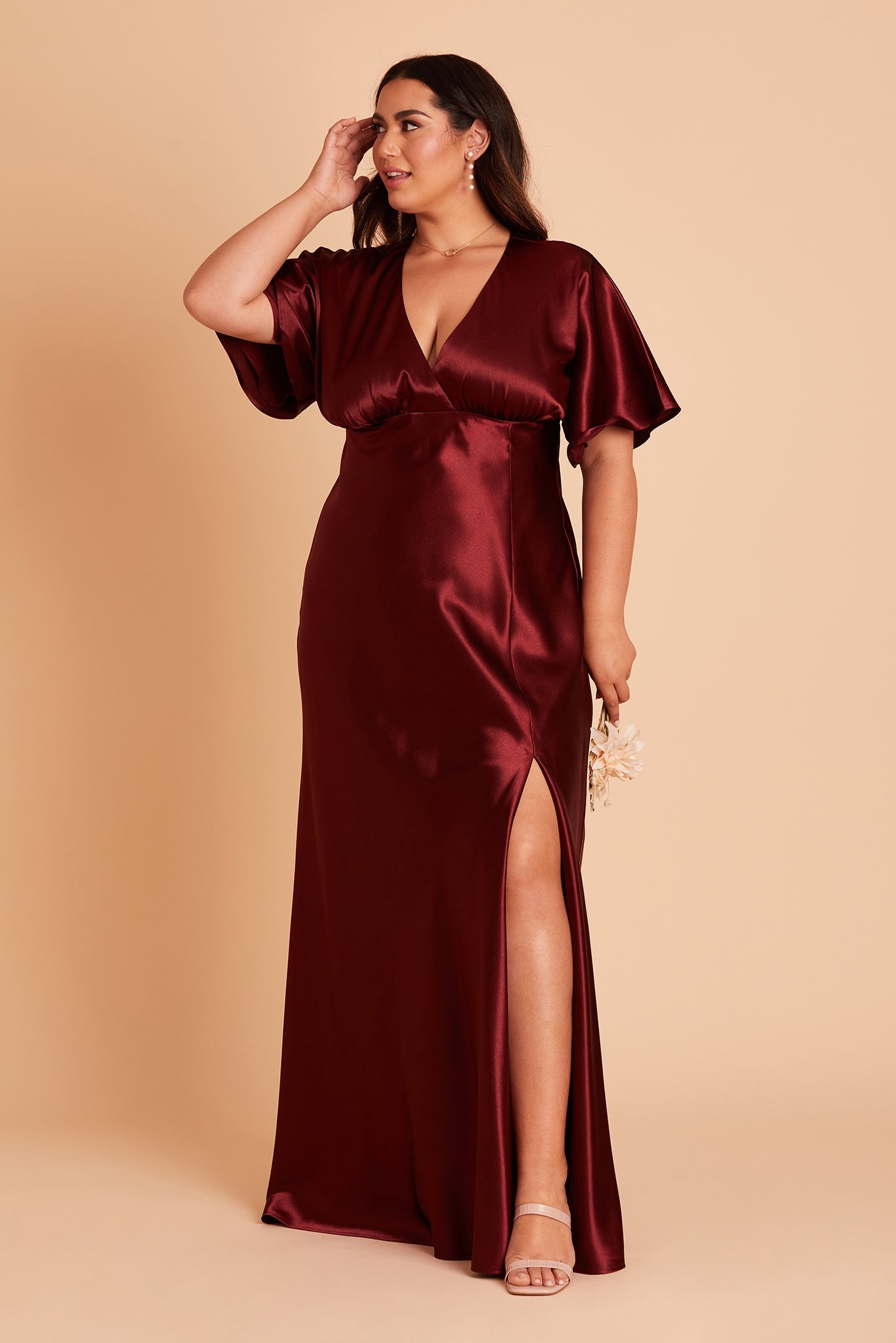 Jesse plus size bridesmaid dress with slit in cabernet satin by Birdy Grey, front view