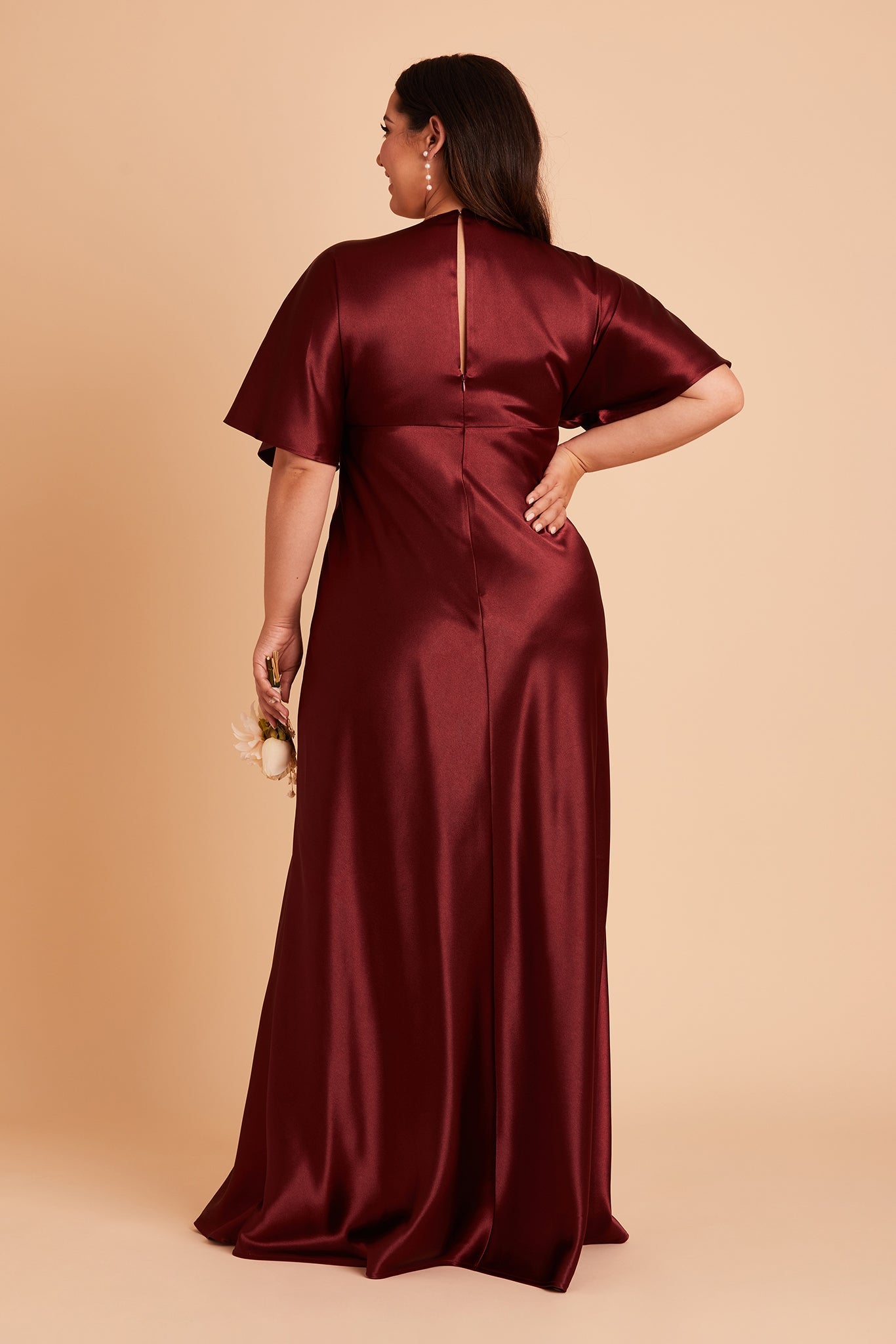 Jesse plus size bridesmaid dress with slit in cabernet satin by Birdy Grey, back view