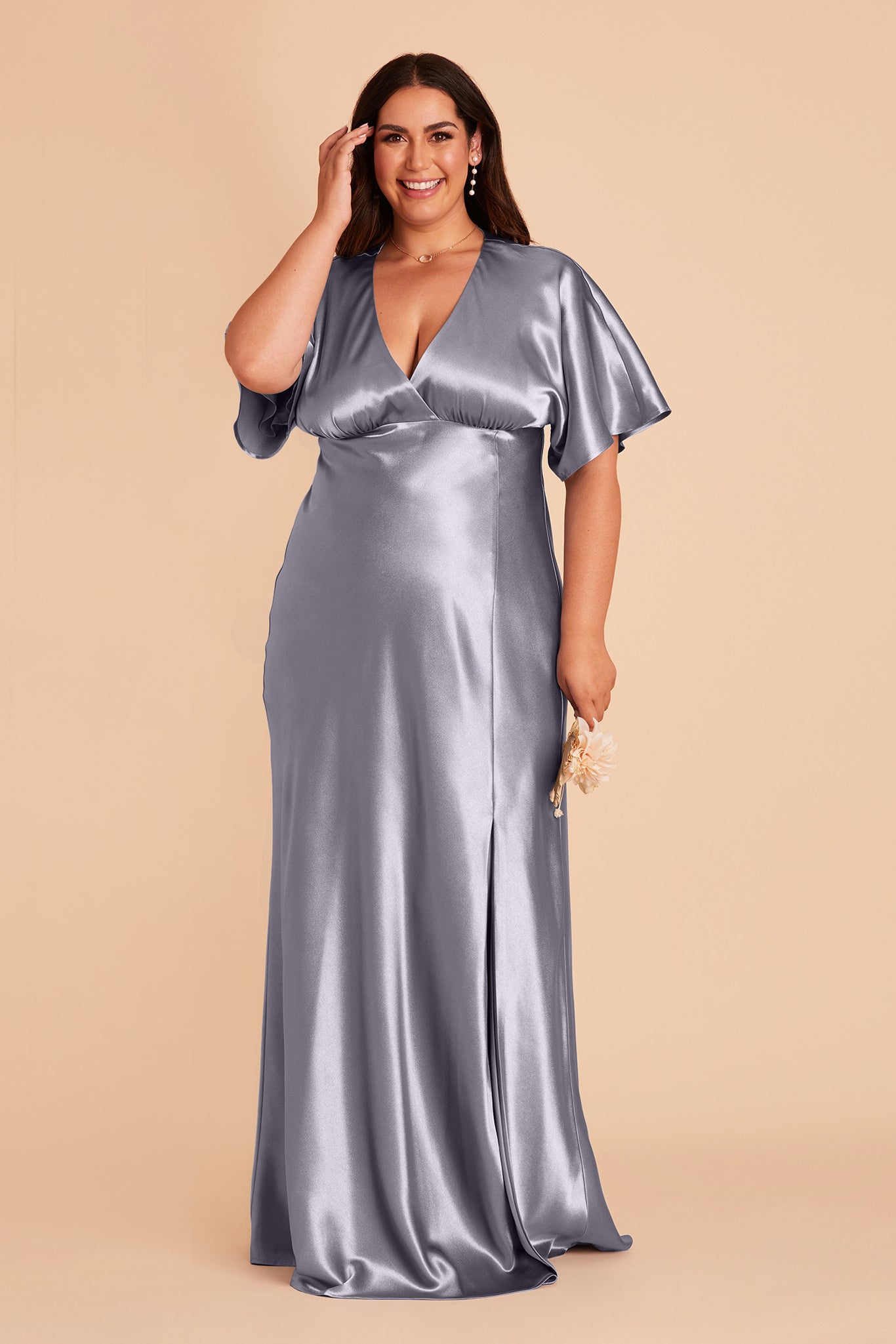 Jesse plus size bridesmaid dress with slit in dusty blue satin by Birdy Grey, front view