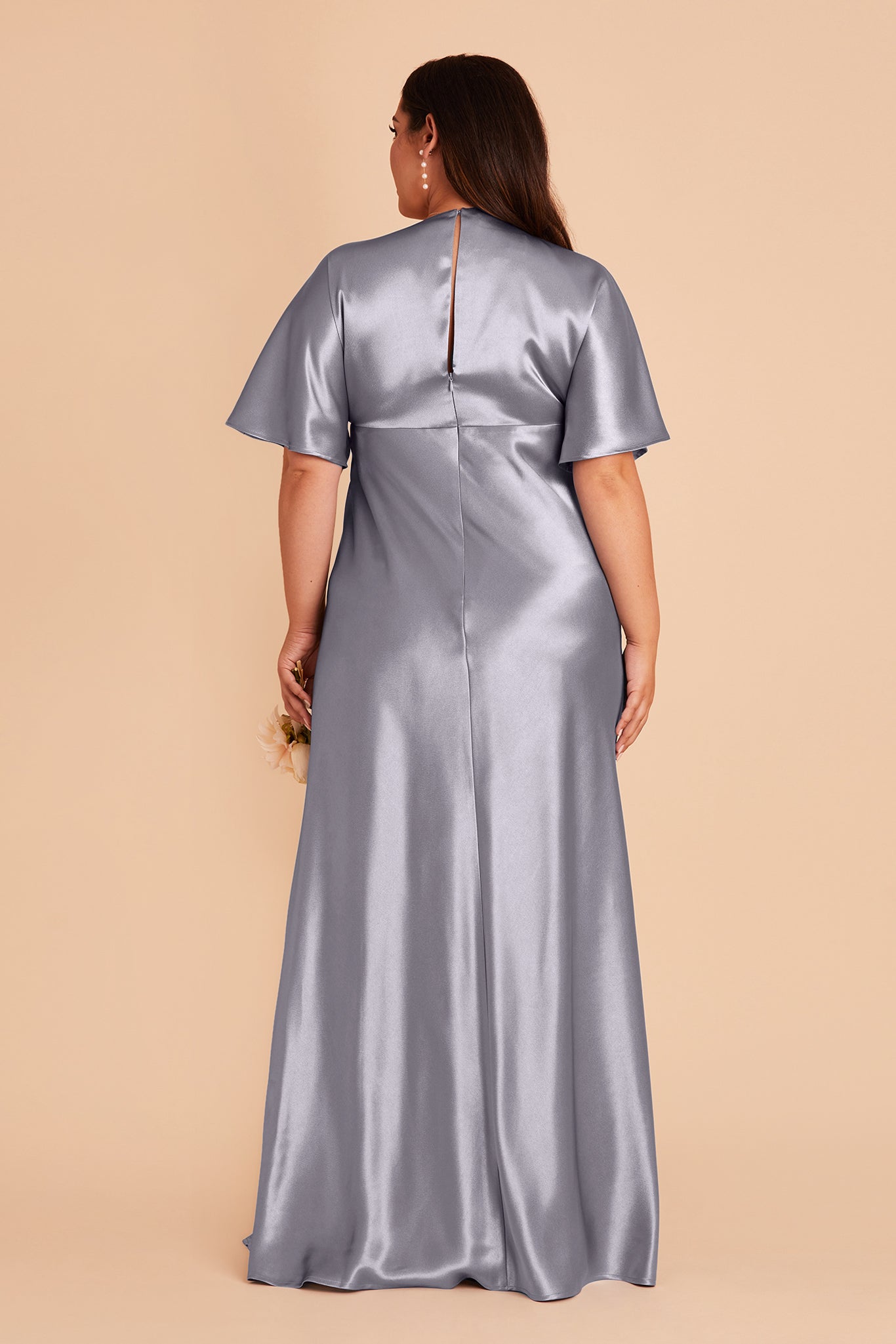 Jesse plus size bridesmaid dress with slit in dusty blue satin by Birdy Grey, back view