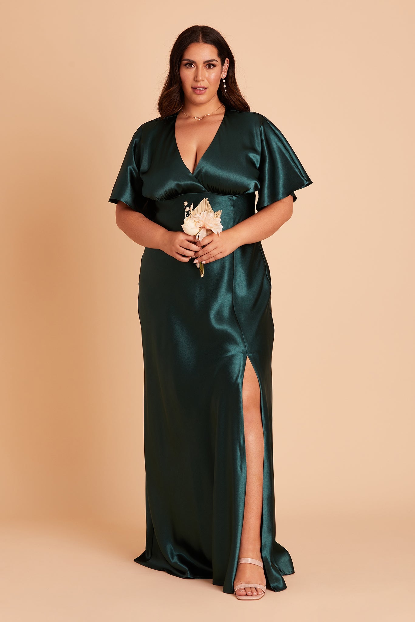 Jesse plus size bridesmaid dress with slit in emerald satin by Birdy Grey, front view