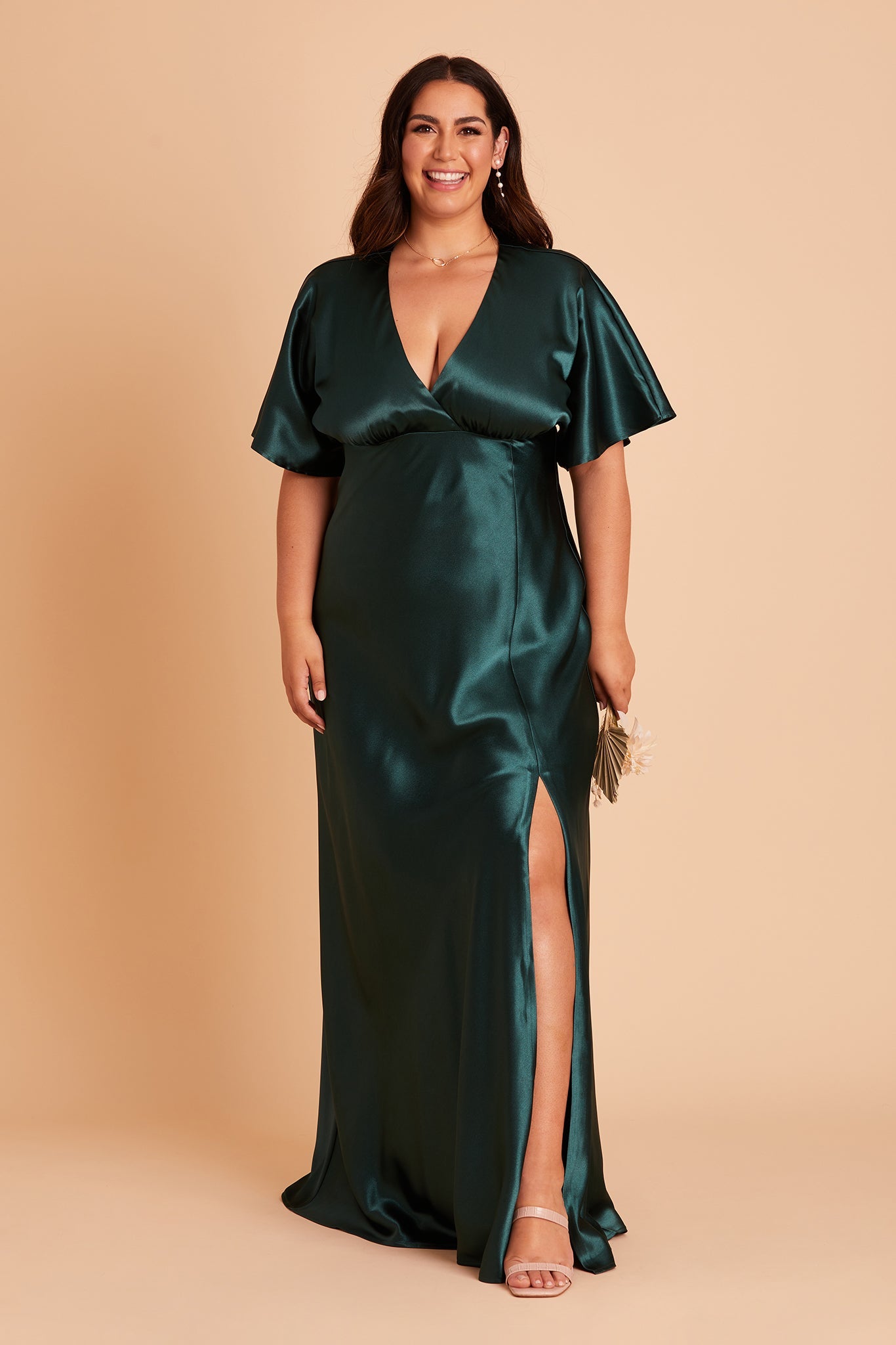 Jesse plus size bridesmaid dress with slit in emerald satin by Birdy Grey, front view
