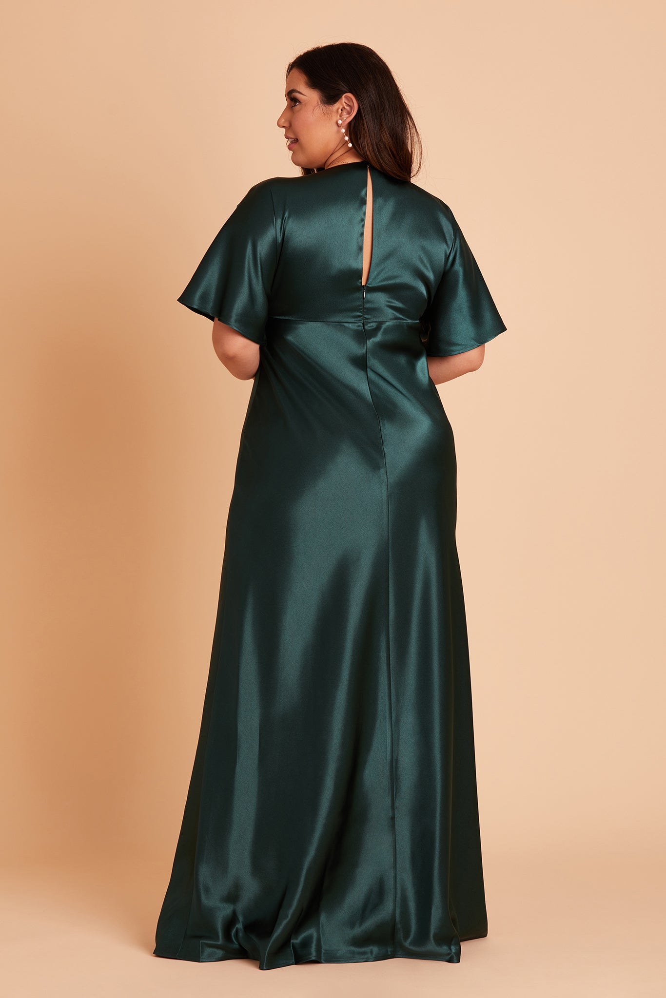 Jesse plus size bridesmaid dress with slit in emerald satin by Birdy Grey, back view