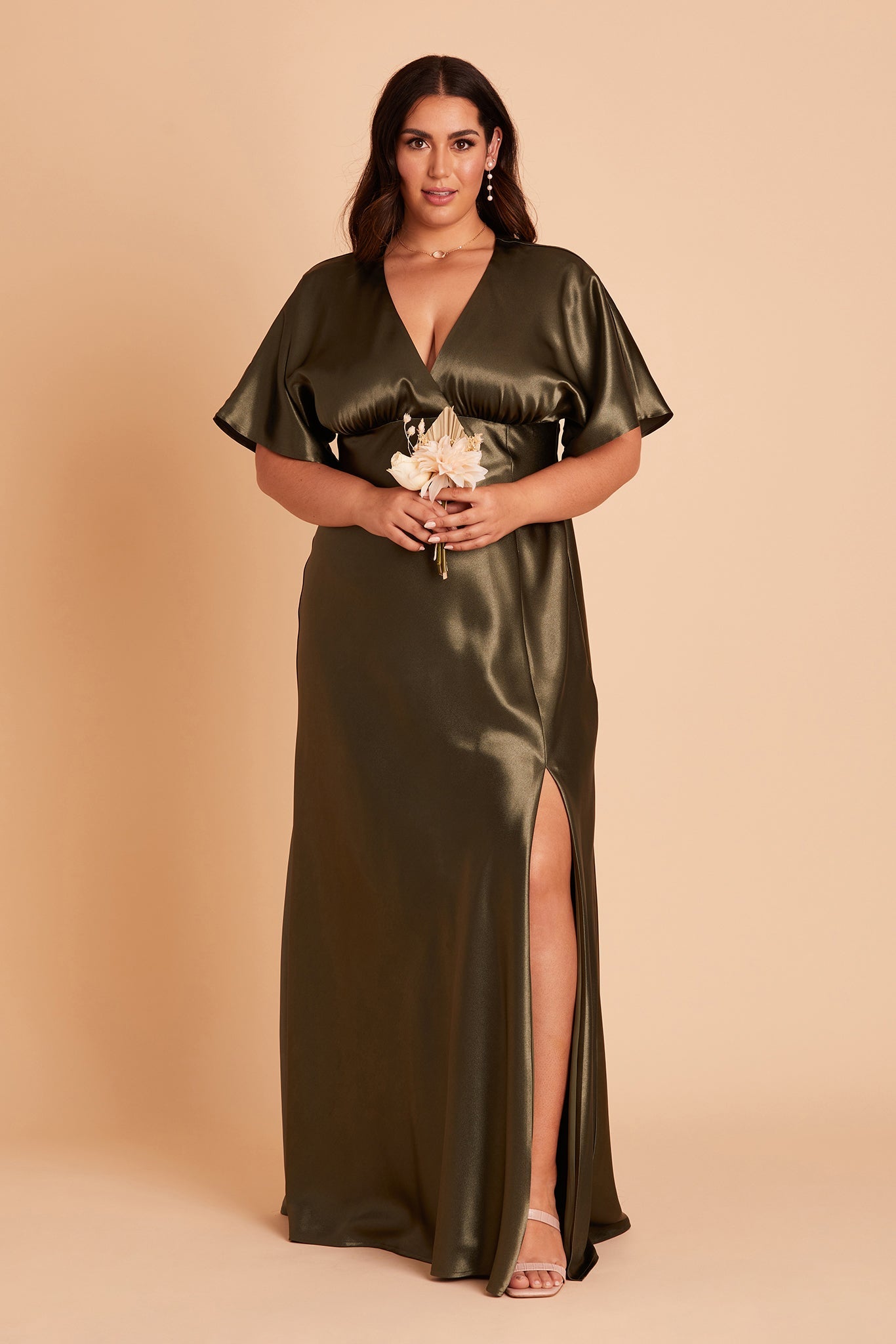 Jesse plus size bridesmaid dress with slit in olive satin by Birdy Grey, front view