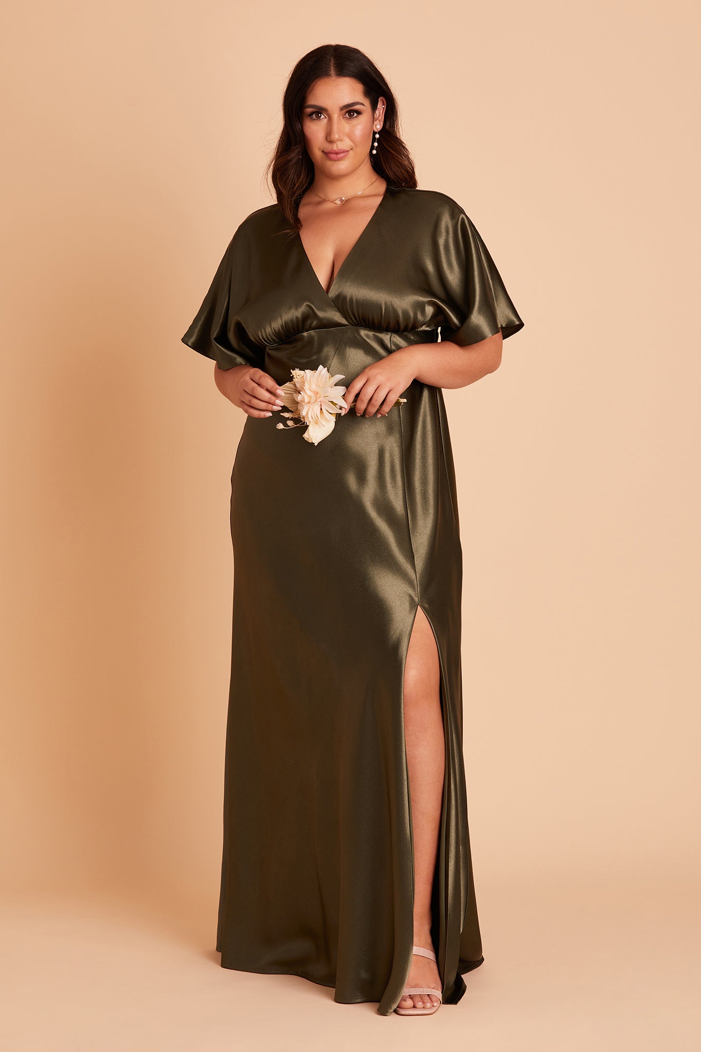 Jesse plus size bridesmaid dress with slit in olive satin by Birdy Grey, front view