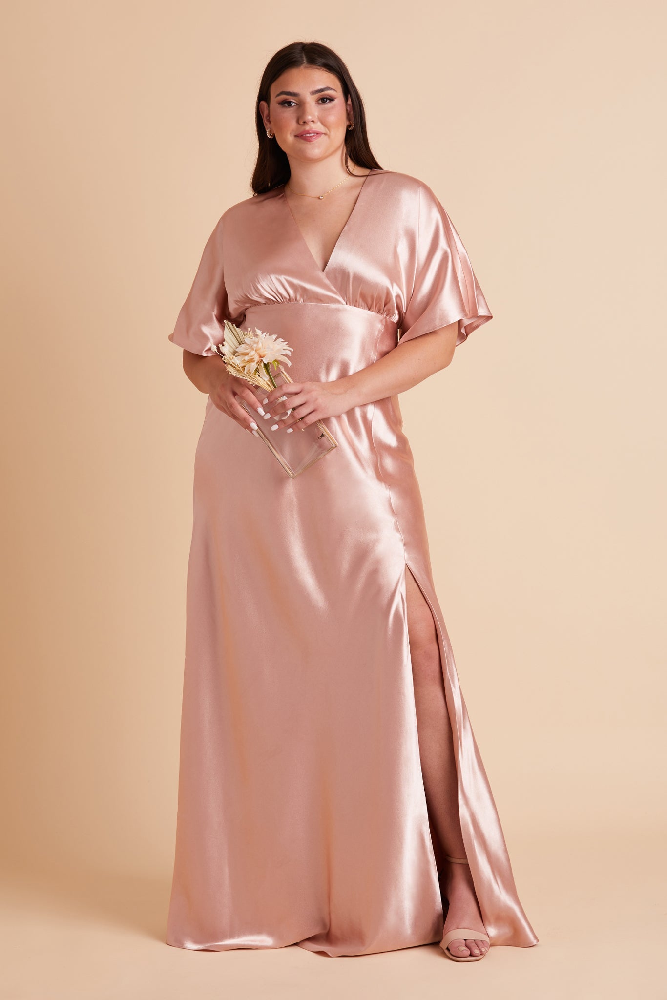 Jesse plus size bridesmaid dress with slit in rose gold satin by Birdy Grey, front view