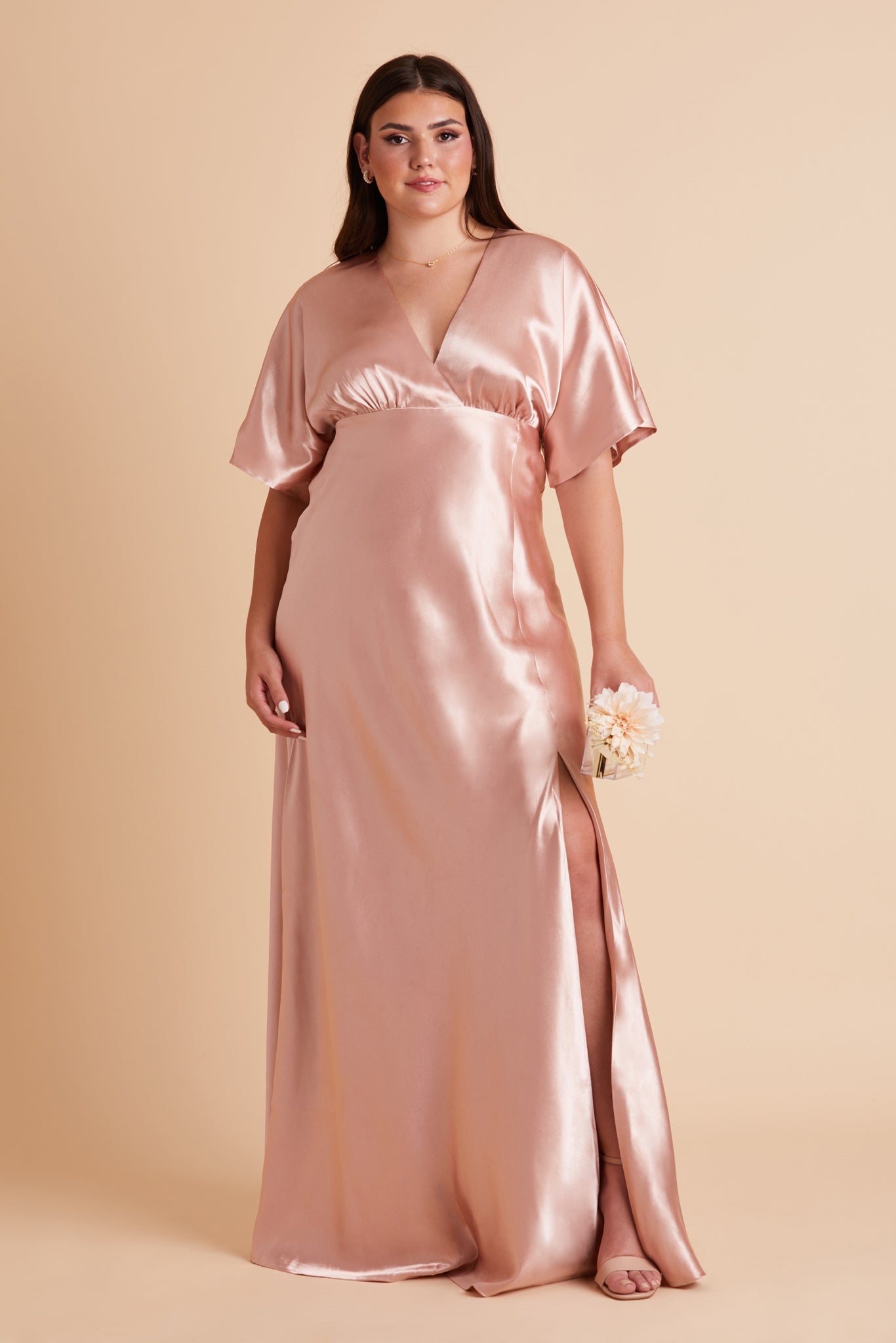 Jesse plus size bridesmaid dress in rose gold satin by Birdy Grey, front view