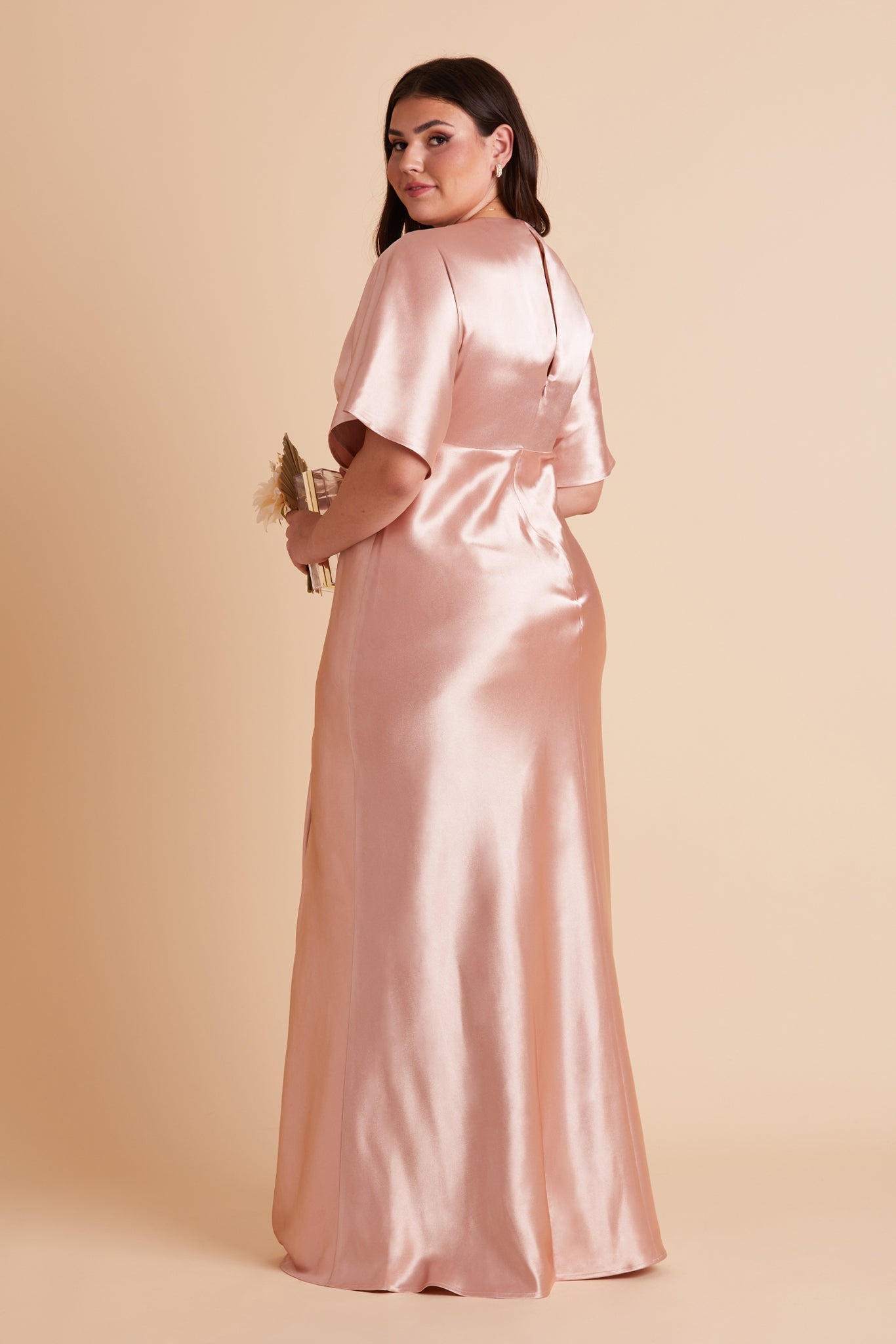 Jesse plus size bridesmaid dress in rose gold satin by Birdy Grey, back view