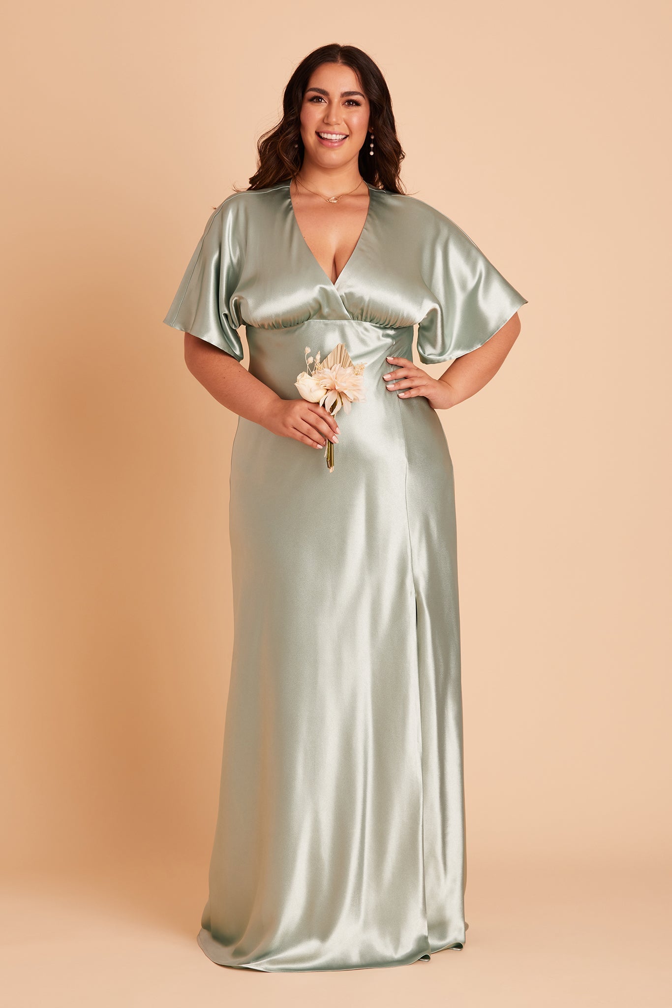 Jesse plus size bridesmaid dress with slit in sage satin by Birdy Grey, front view