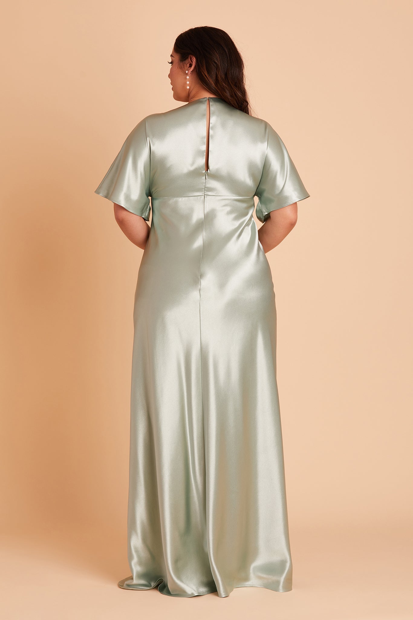 Jesse plus size bridesmaid dress with slit in sage satin by Birdy Grey, back view