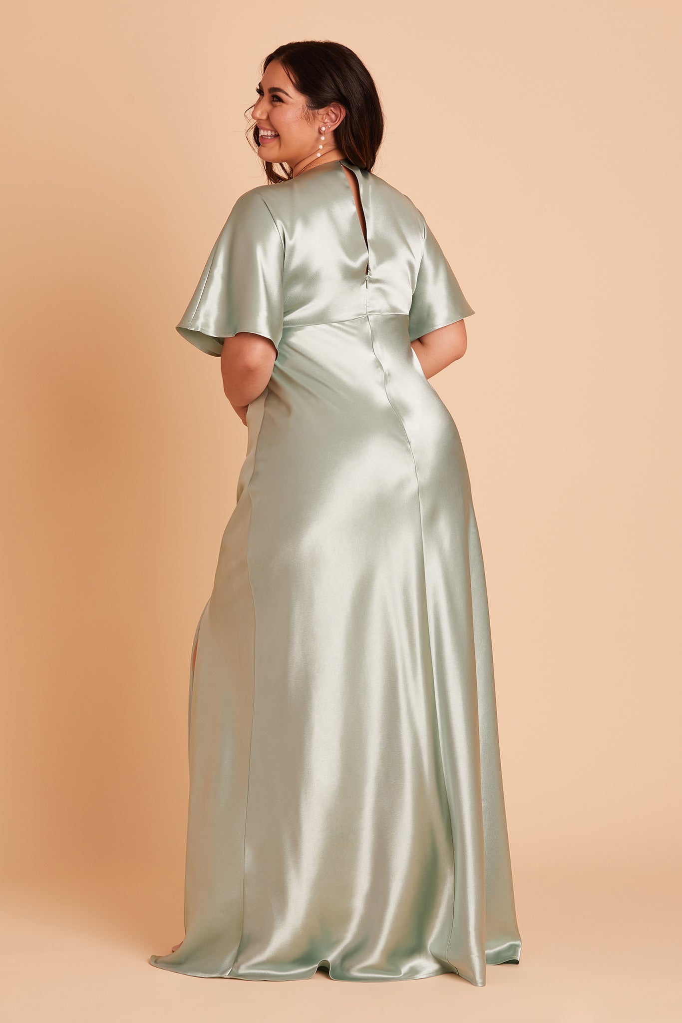 Jesse plus size bridesmaid dress with slit in sage satin by Birdy Grey, back view
