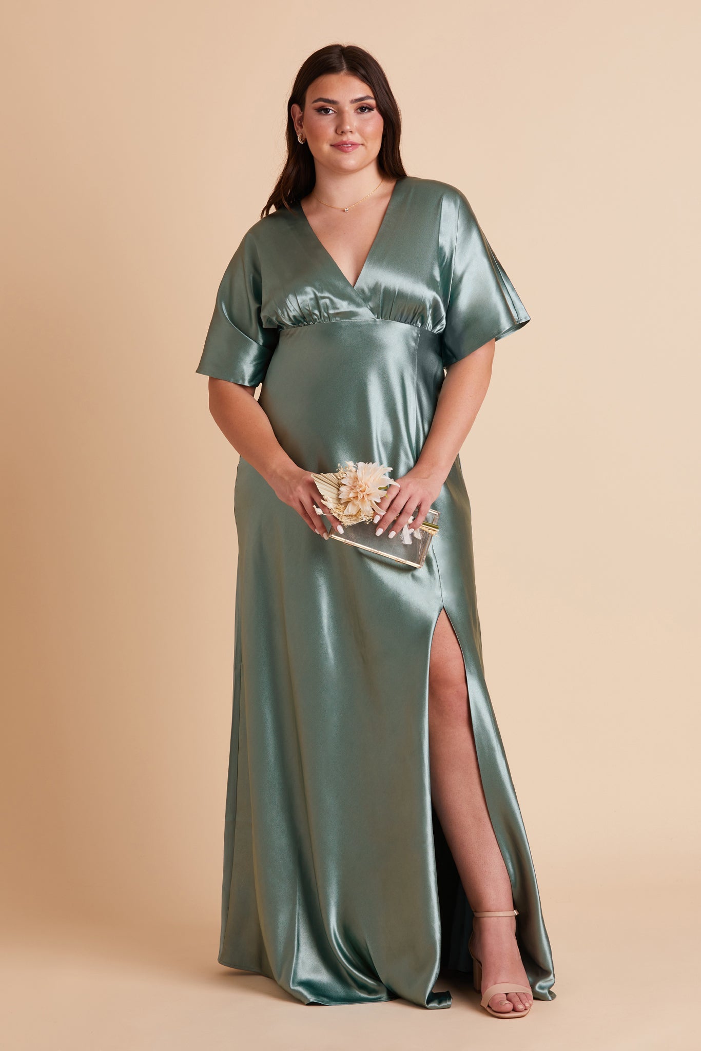 Jesse plus size bridesmaid dress with slit in sea glass green satin by Birdy Grey, front view