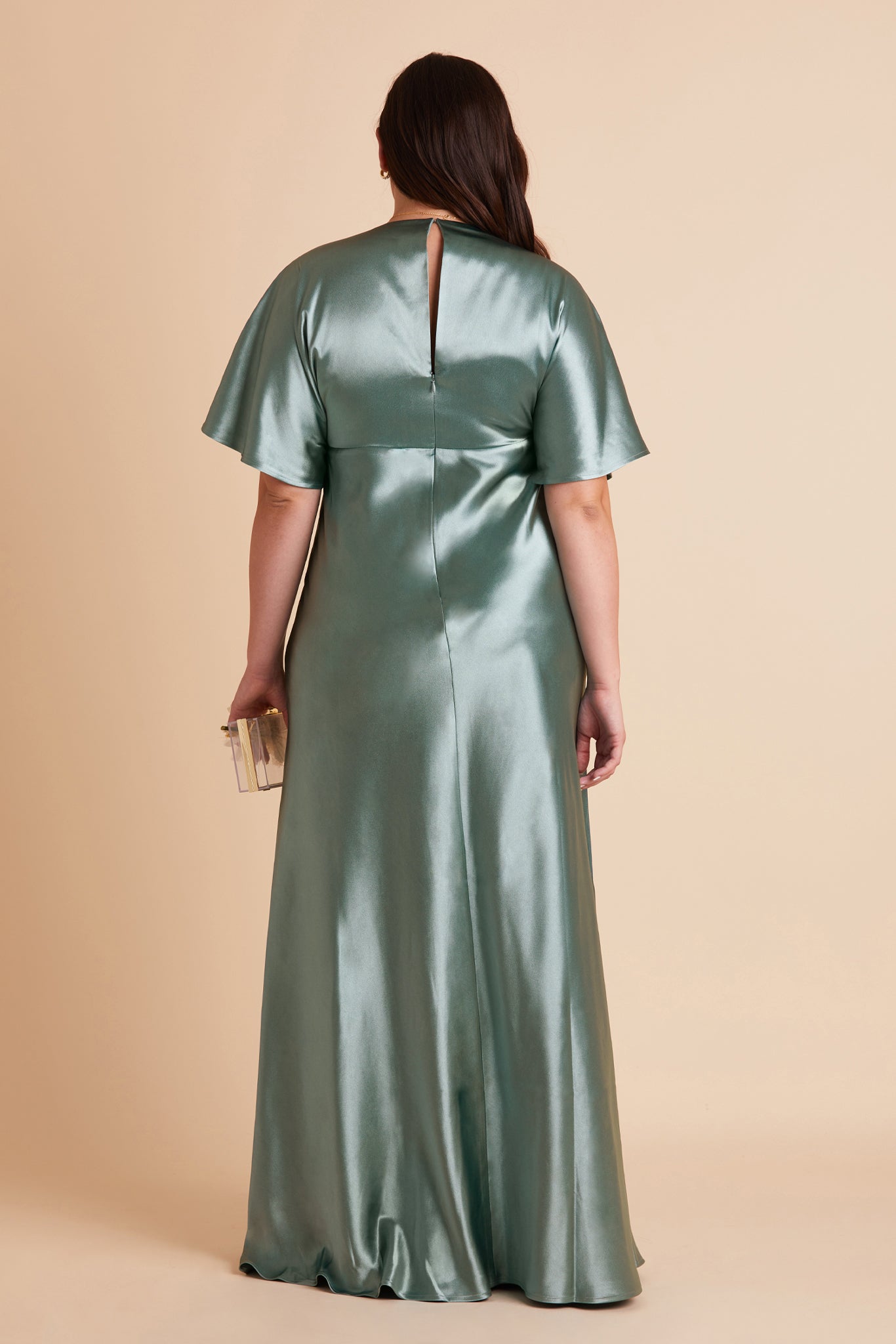 Jesse plus size bridesmaid dress with slit in sea glass green satin by Birdy Grey, back view