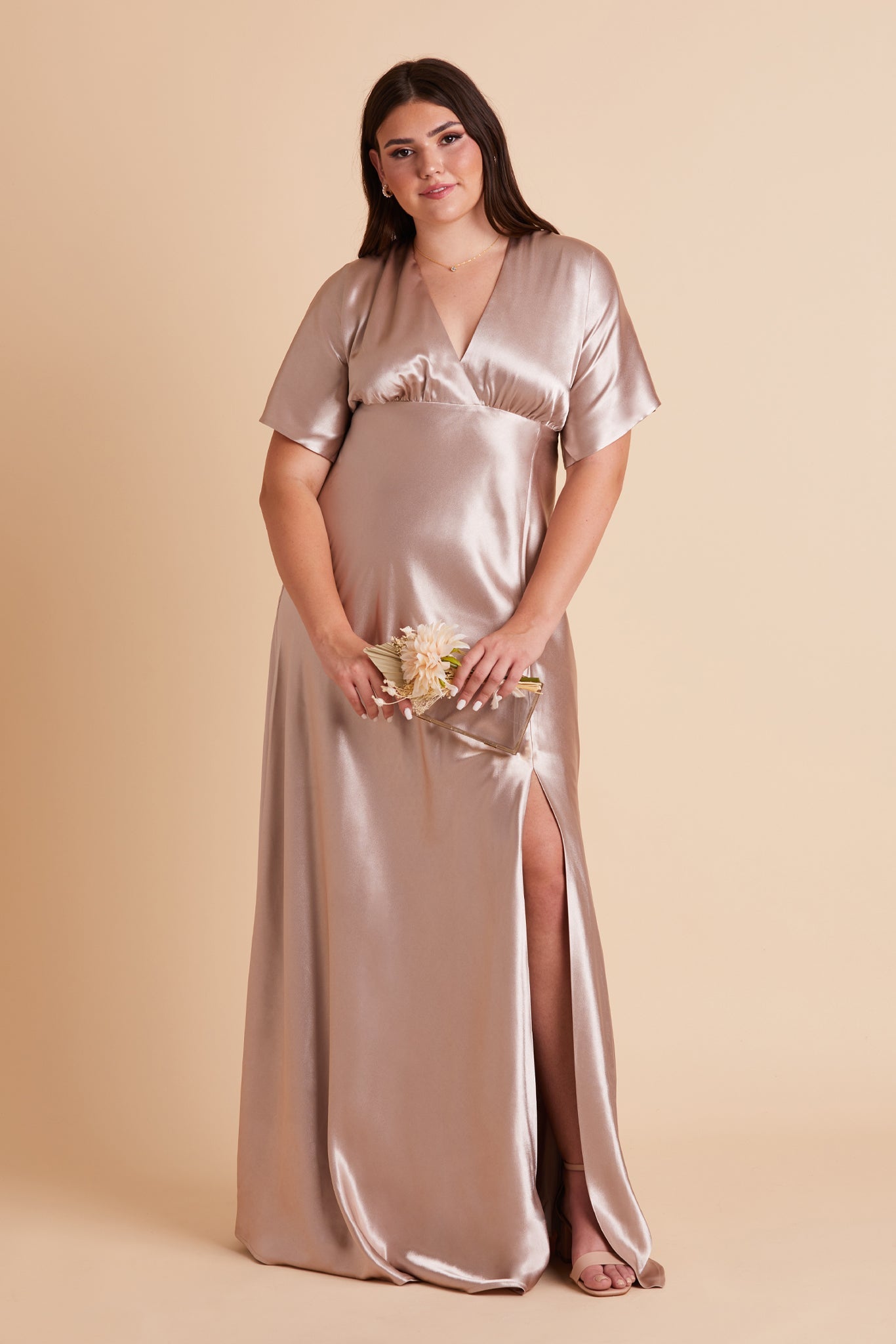 Jesse plus size bridesmaid dress with slit in taupe satin by Birdy Grey, front view