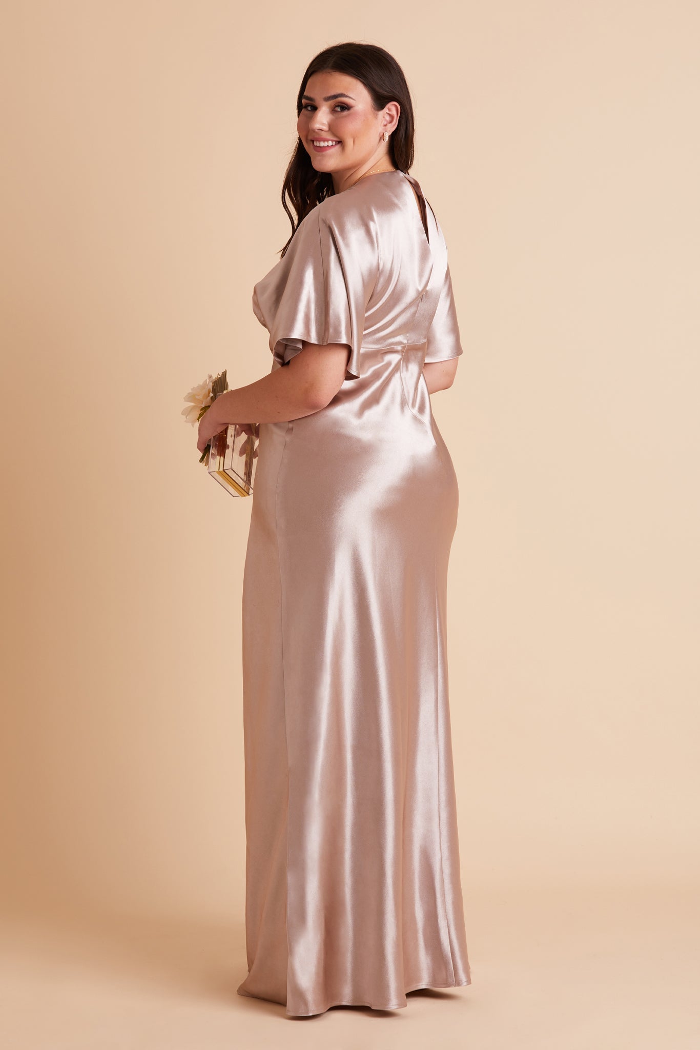 Jesse plus size bridesmaid dress with slit in taupe satin by Birdy Grey, back view