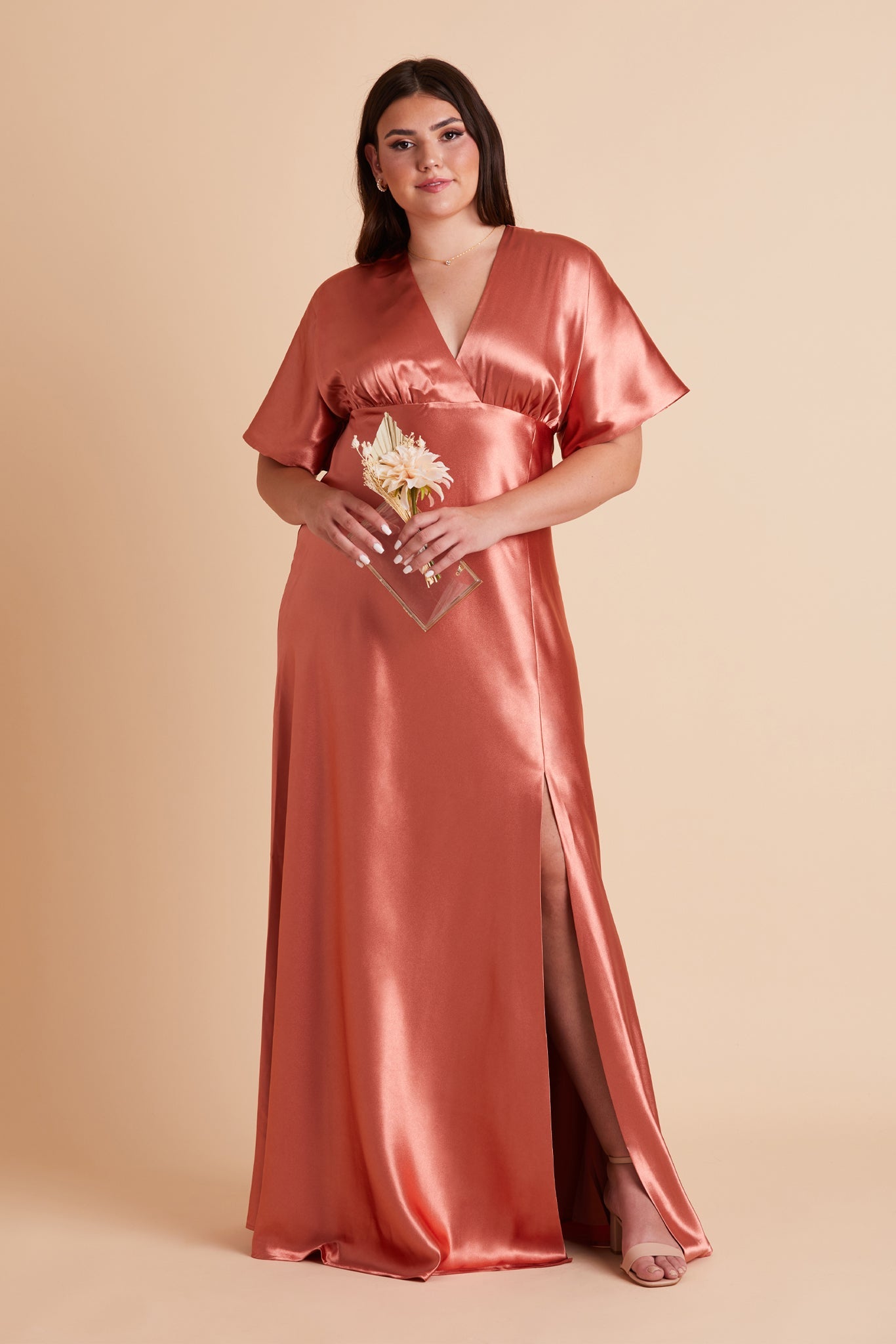 Jesse plus size bridesmaid dress with slit in terracotta satin by Birdy Grey, front view