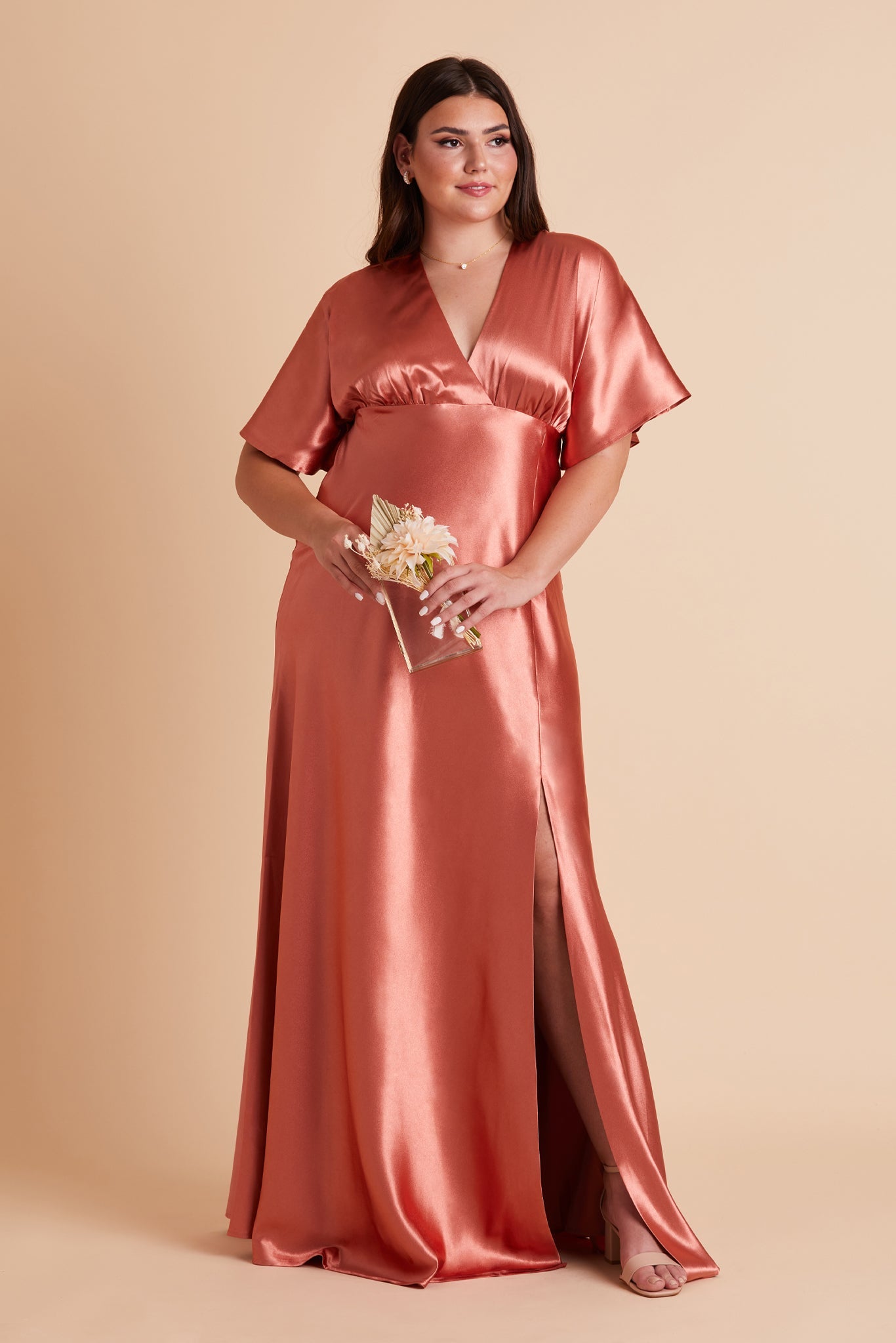 Jesse plus size bridesmaid dress with slit in terracotta satin by Birdy Grey, front view