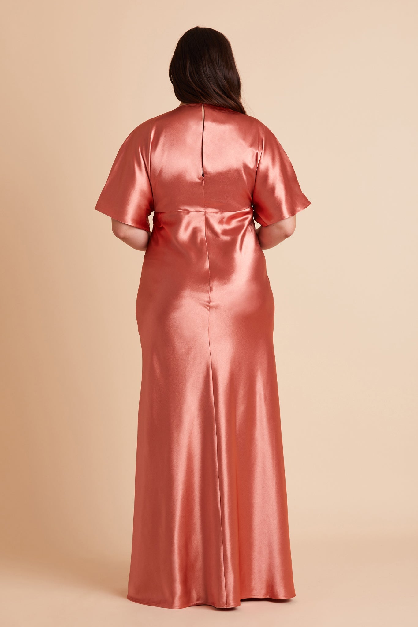 Jesse plus size bridesmaid dress with slit in terracotta satin by Birdy Grey, back view