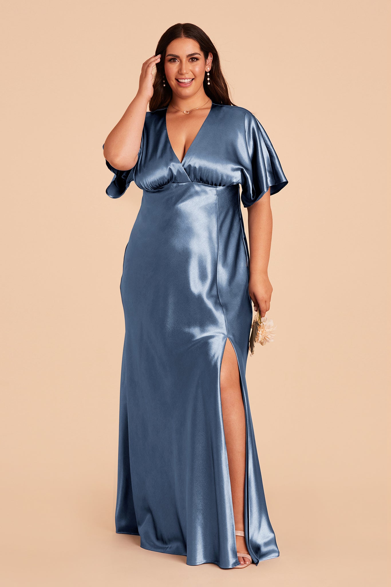 Jesse plus size bridesmaid dress with slit in twilight satin by Birdy Grey, front view
