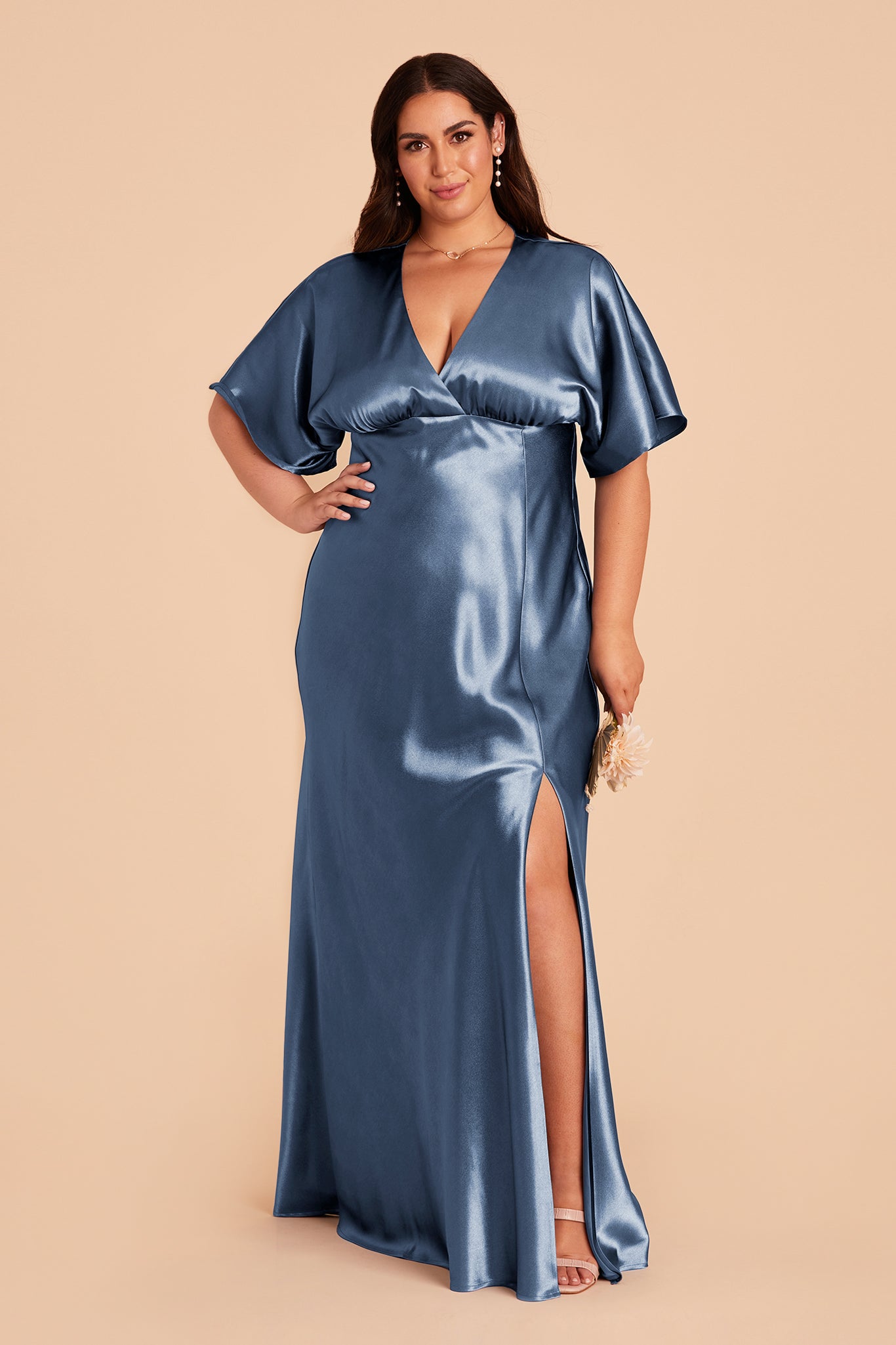 Jesse plus size bridesmaid dress with slit in twilight satin by Birdy Grey, front view