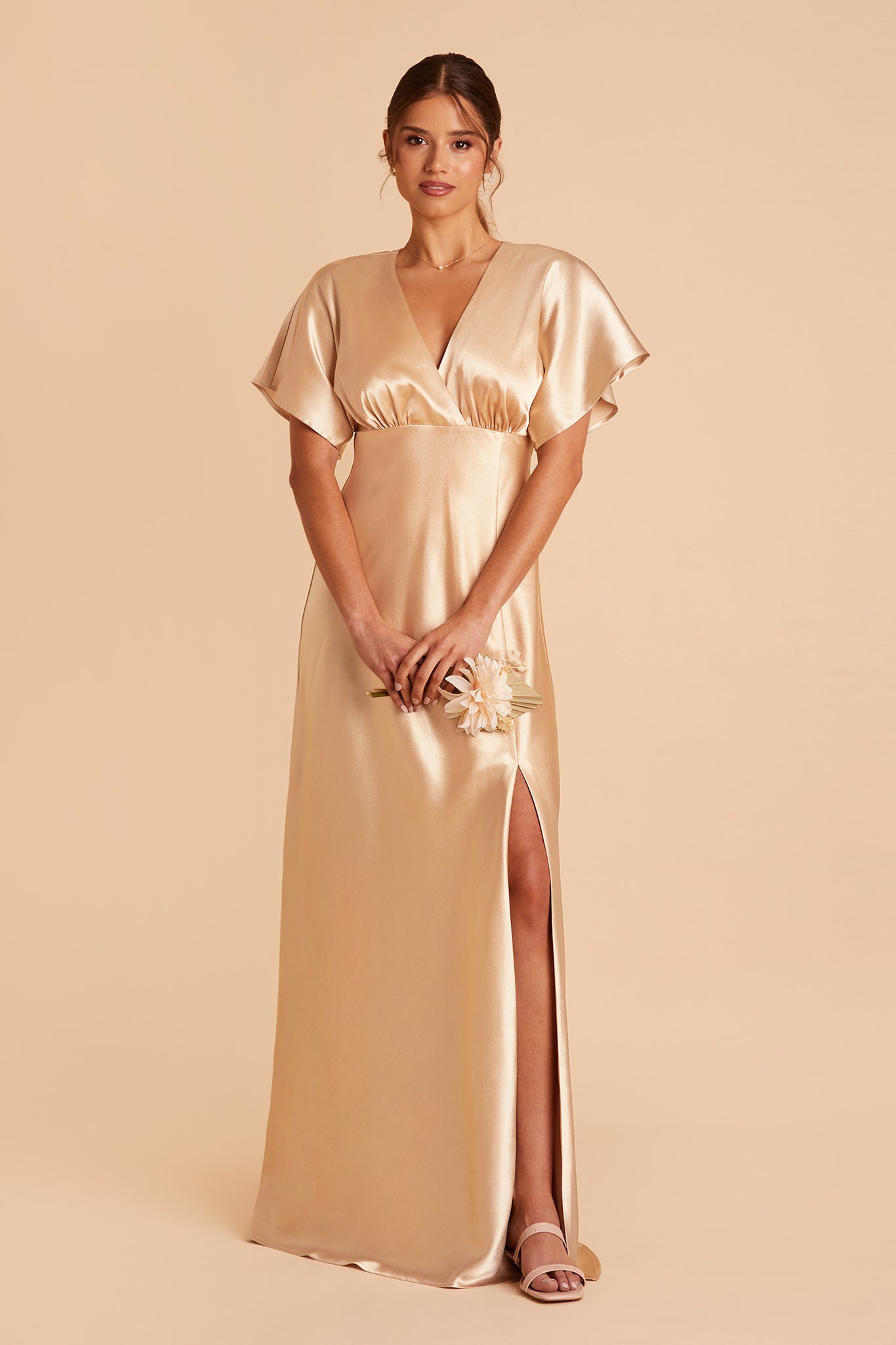 Jesse Satin Dress in gold satin by Birdy Grey, front view