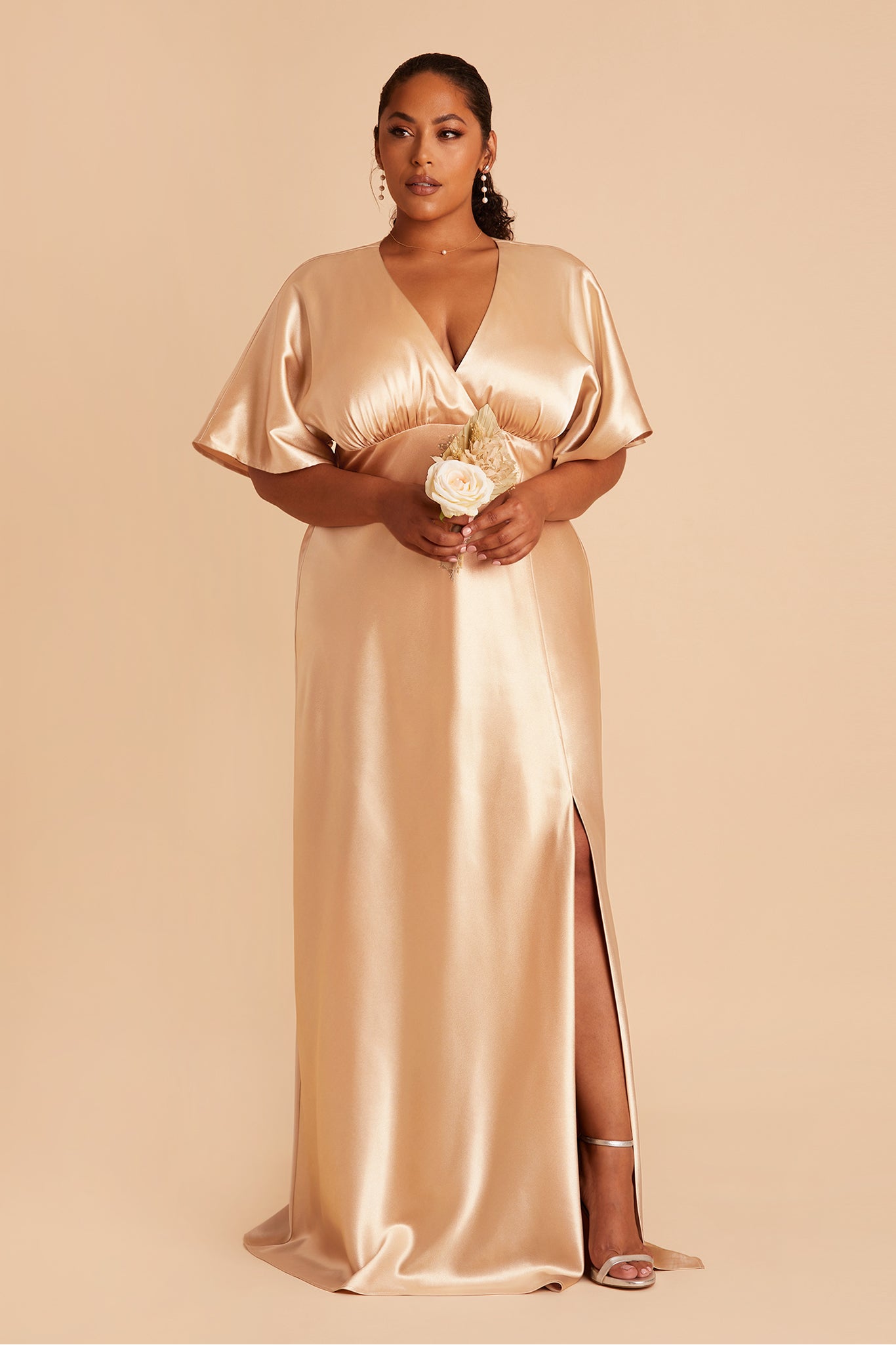 Jesse Satin Dress Curve dress in gold satin by Birdy Grey, front view