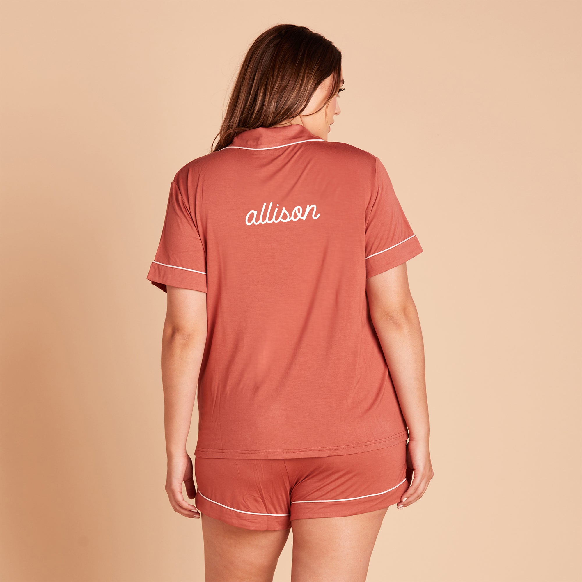 Jonny plus size Short Sleeve Pajama Set in terracotta with white pipetting by Birdy Grey, back view