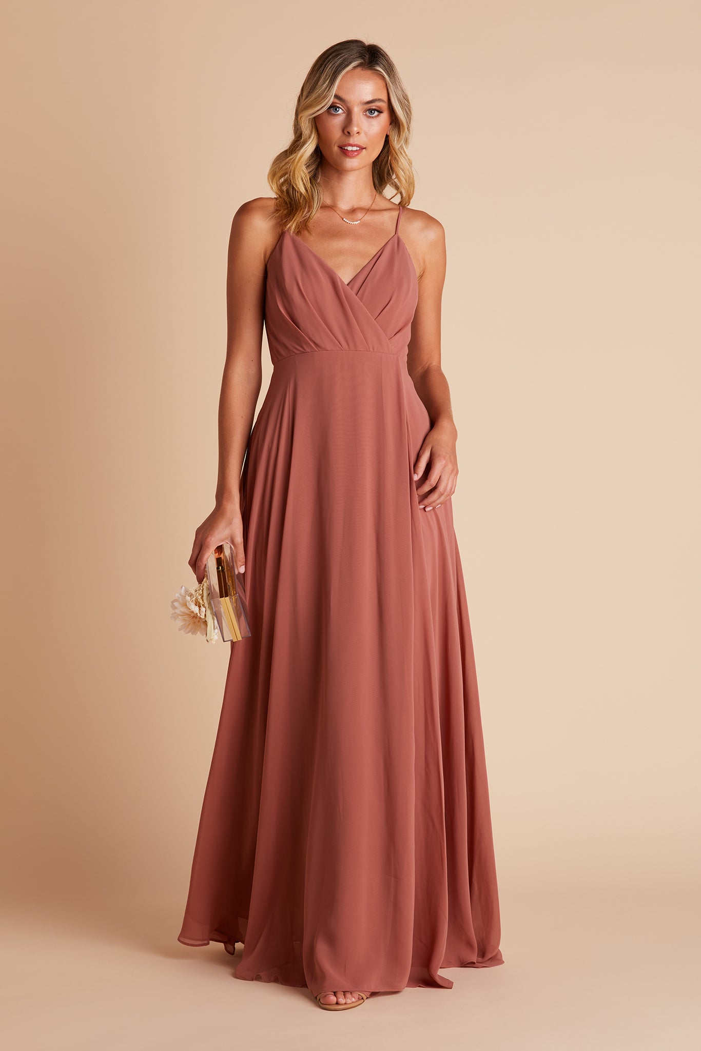 Kaia bridesmaids dress in desert rose chiffon by Birdy Grey, front view
