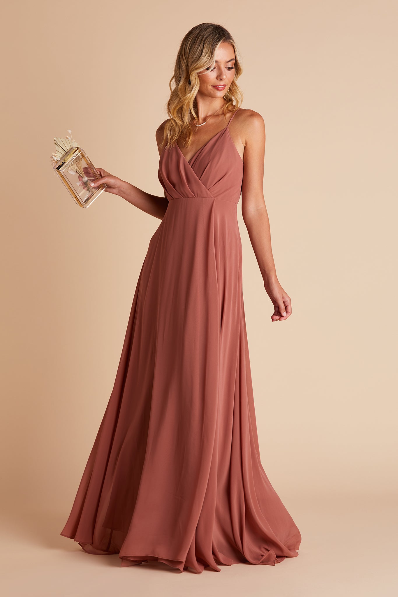 Kaia bridesmaids dress in desert rose chiffon by Birdy Grey, front view