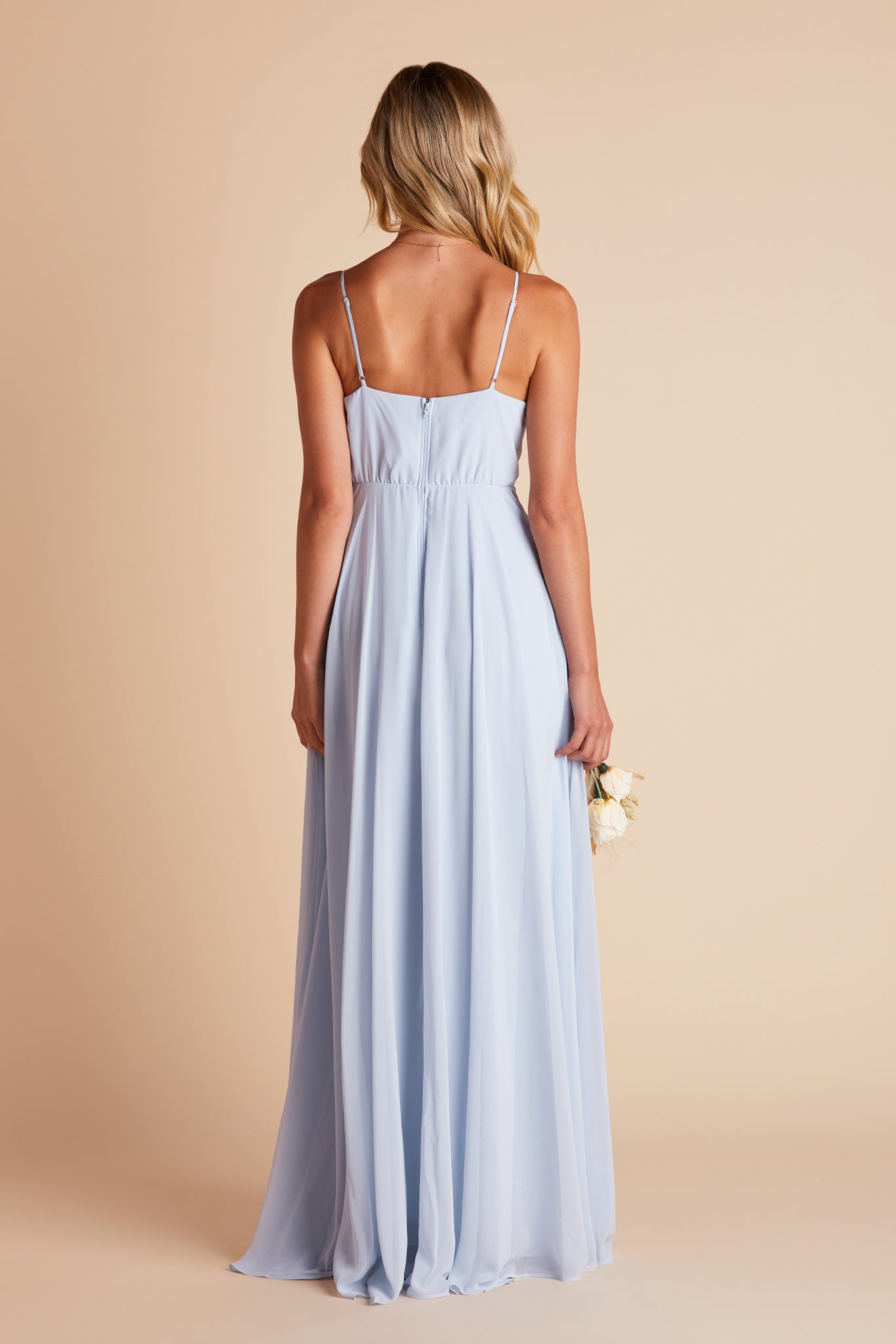 Kaia bridesmaids dress in ice blue chiffon by Birdy Grey, back view
