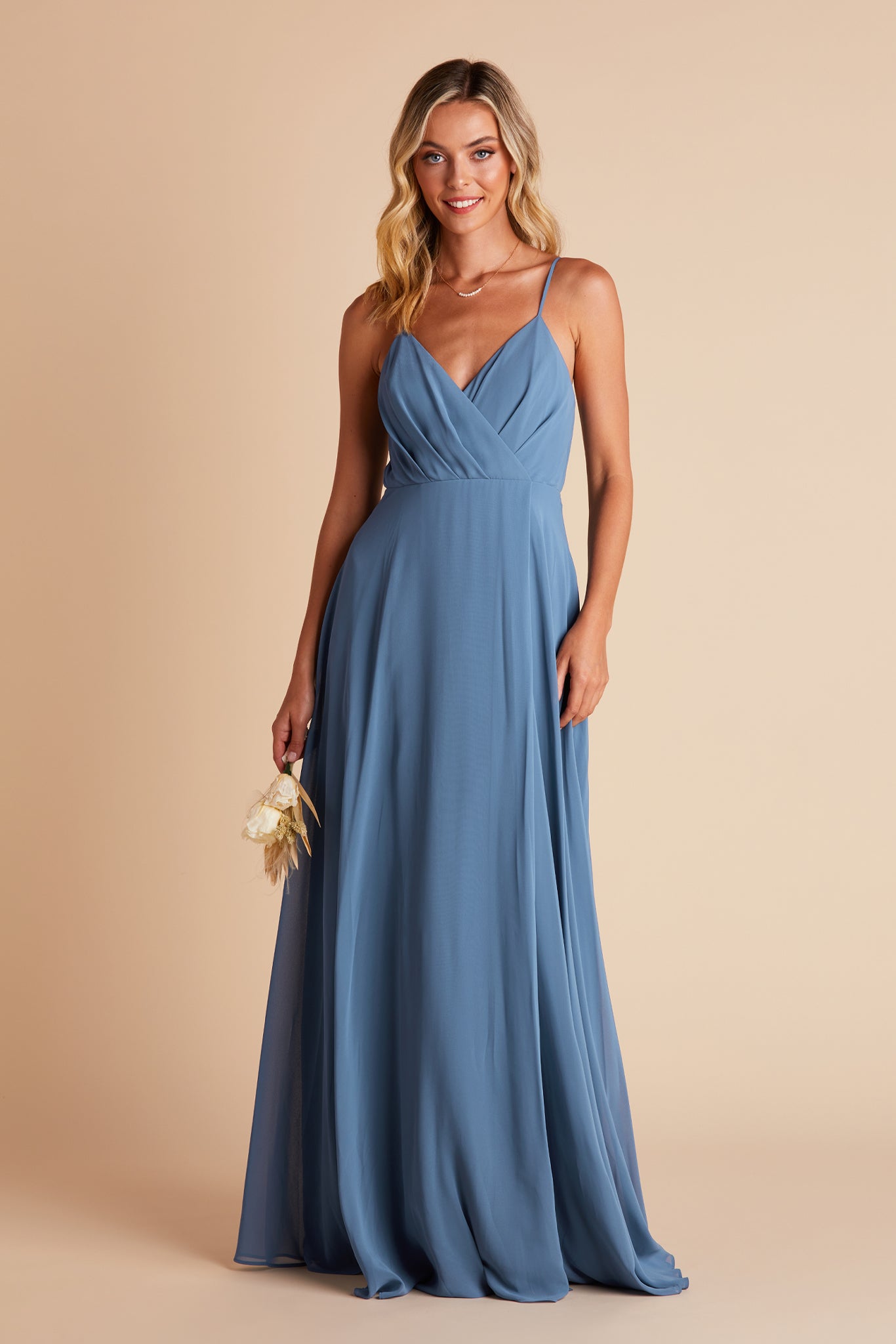 Kaia bridesmaids dress in twilight blue chiffon by Birdy Grey, front view