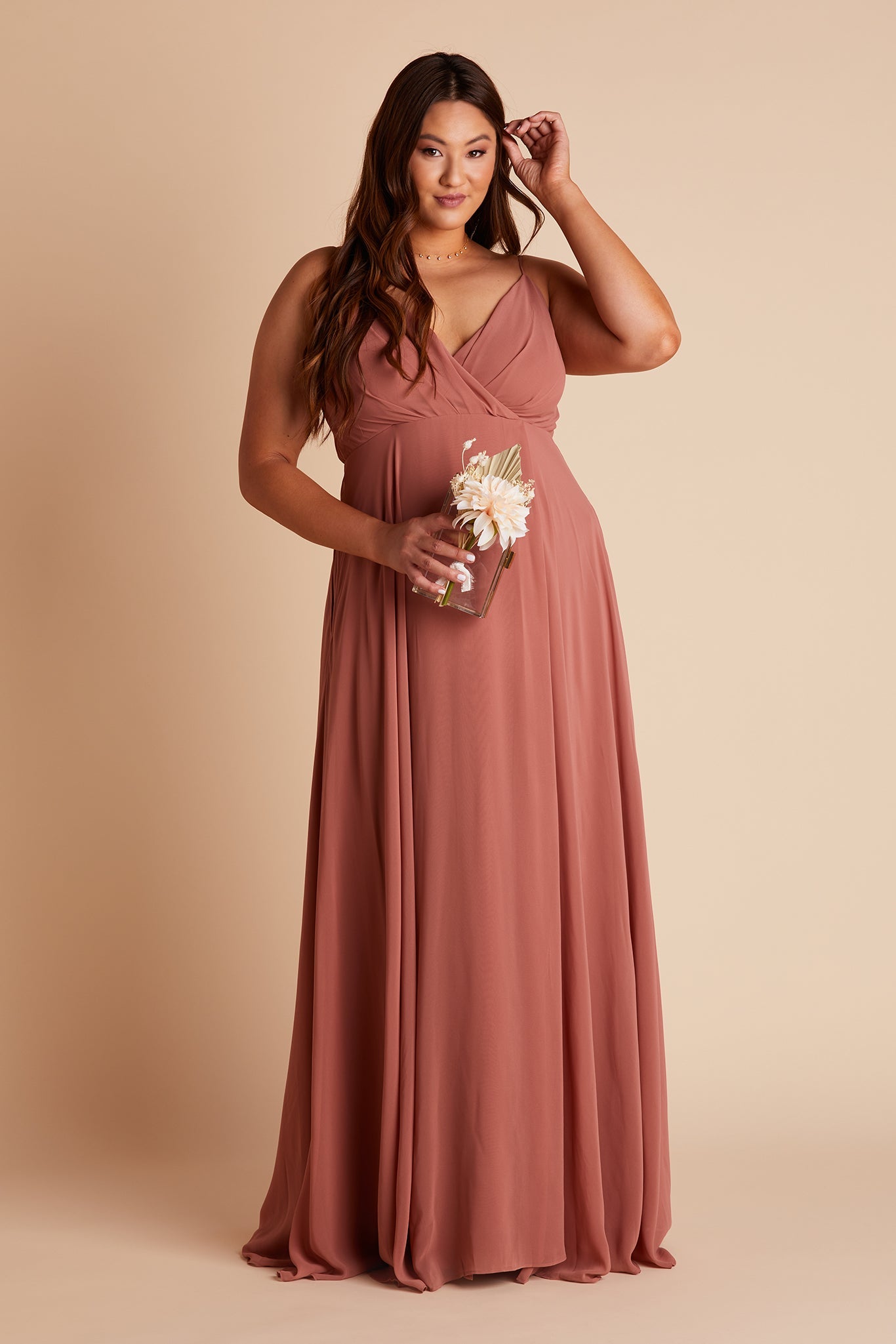 Kaia plus size bridesmaids dress in desert rose chiffon by Birdy Grey, front view