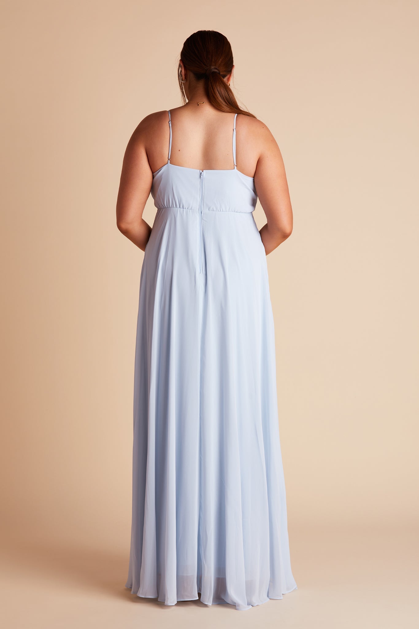 Kaia plus size bridesmaids dress in ice blue chiffon by Birdy Grey, back view