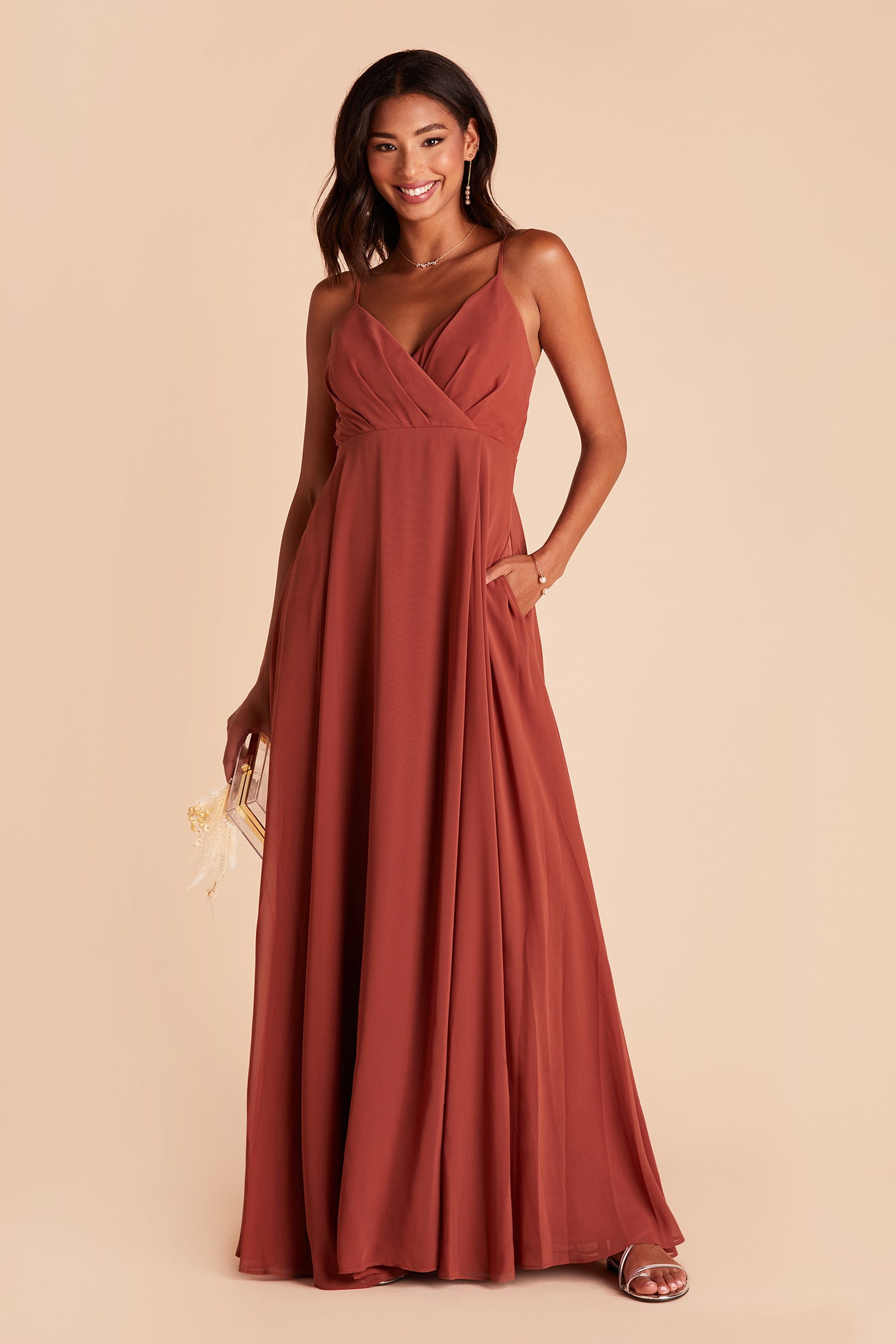 Kaia bridesmaid dress with pocket in spice chiffon by Birdy Grey, front view