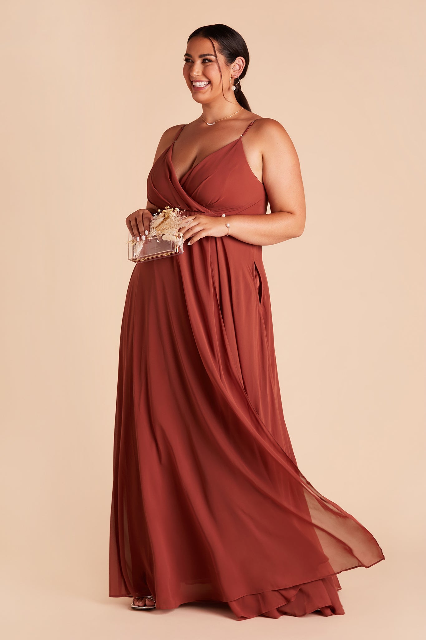 Kaia plus-size bridesmaid dress with pocket in spice chiffon by Birdy Grey, front view