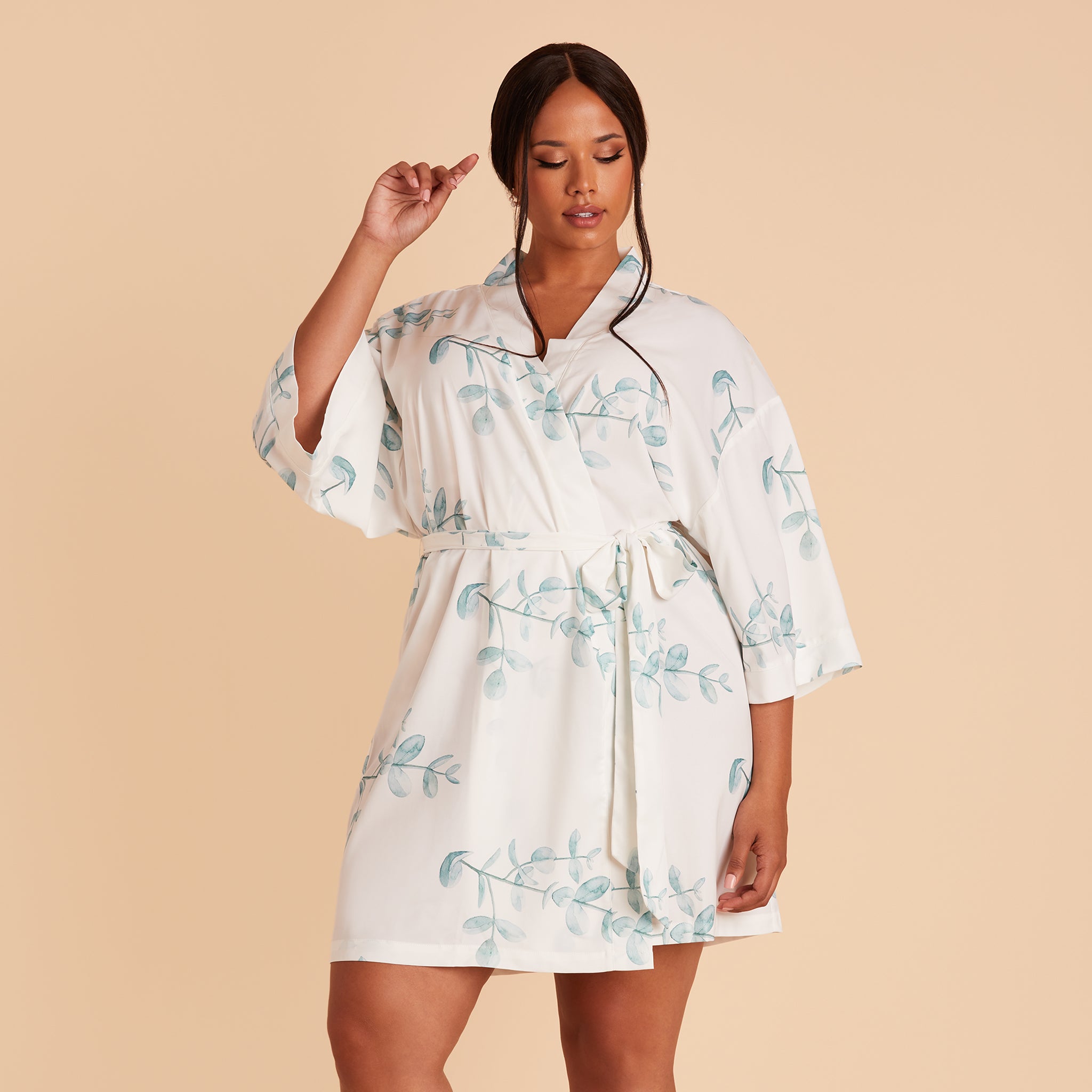 Karen Floral Robe in Sage Eucalyptus by Birdy Grey, front view