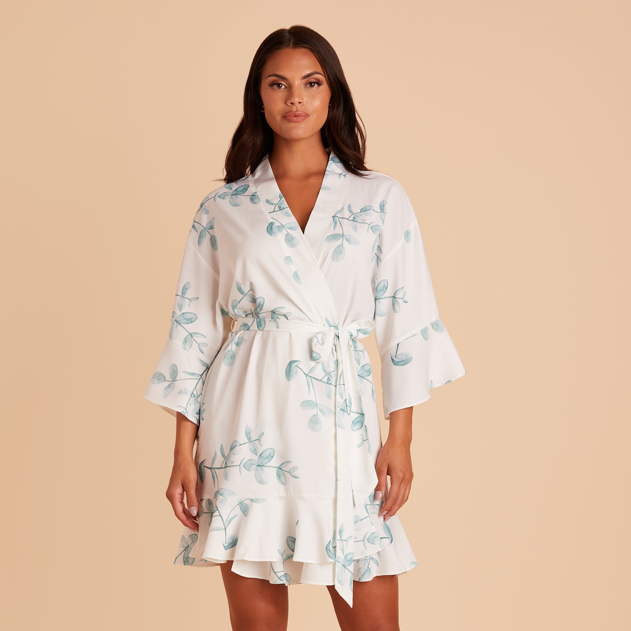 Kenny Ruffle Robe in Sage Eucalyptus by Birdy Grey, front view