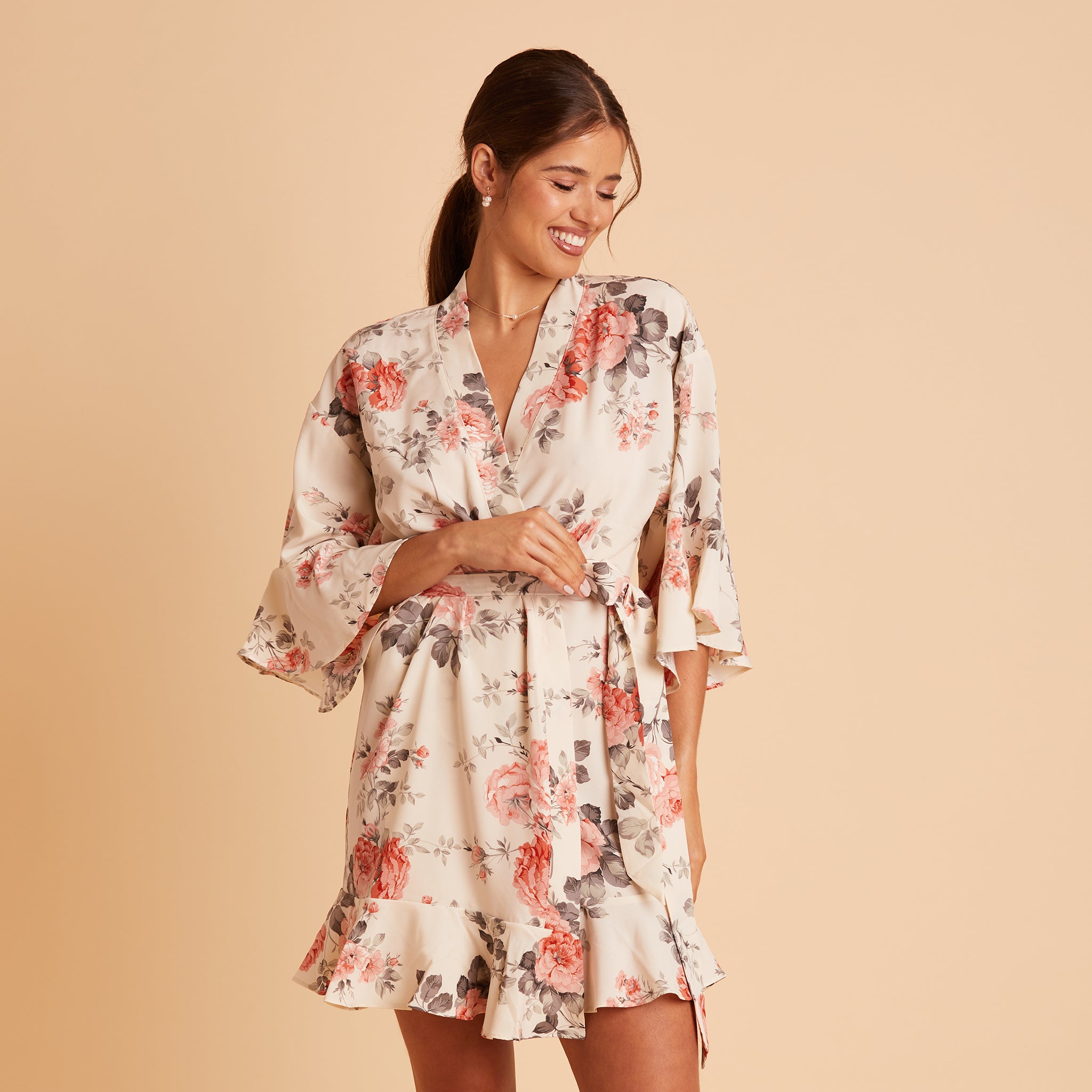 Kenny Ruffle Robe in Cream Floral by Birdy Grey, front view