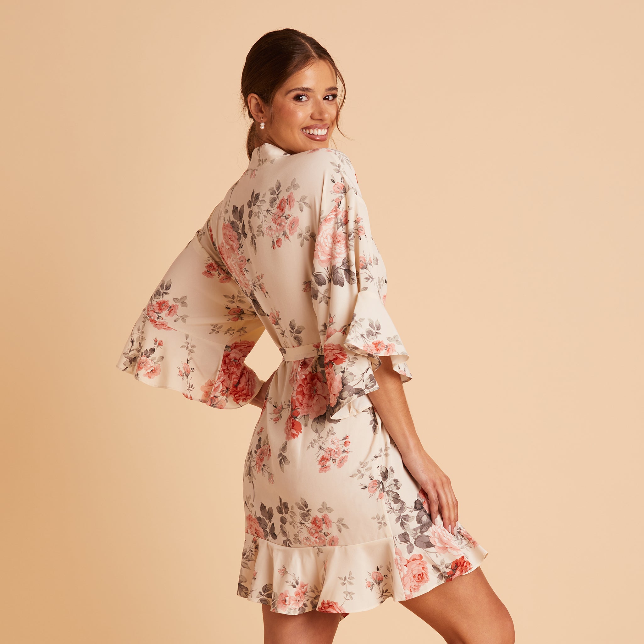 Kenny Ruffle Robe in Cream Floral by Birdy Grey, side view
