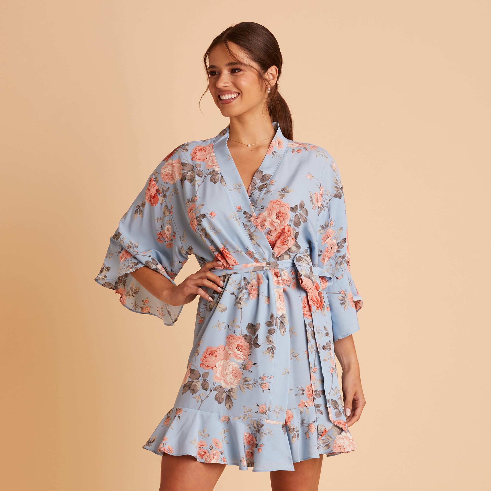 Kenny Ruffle Robe in Dusty Blue Floral by Birdy Grey, front view