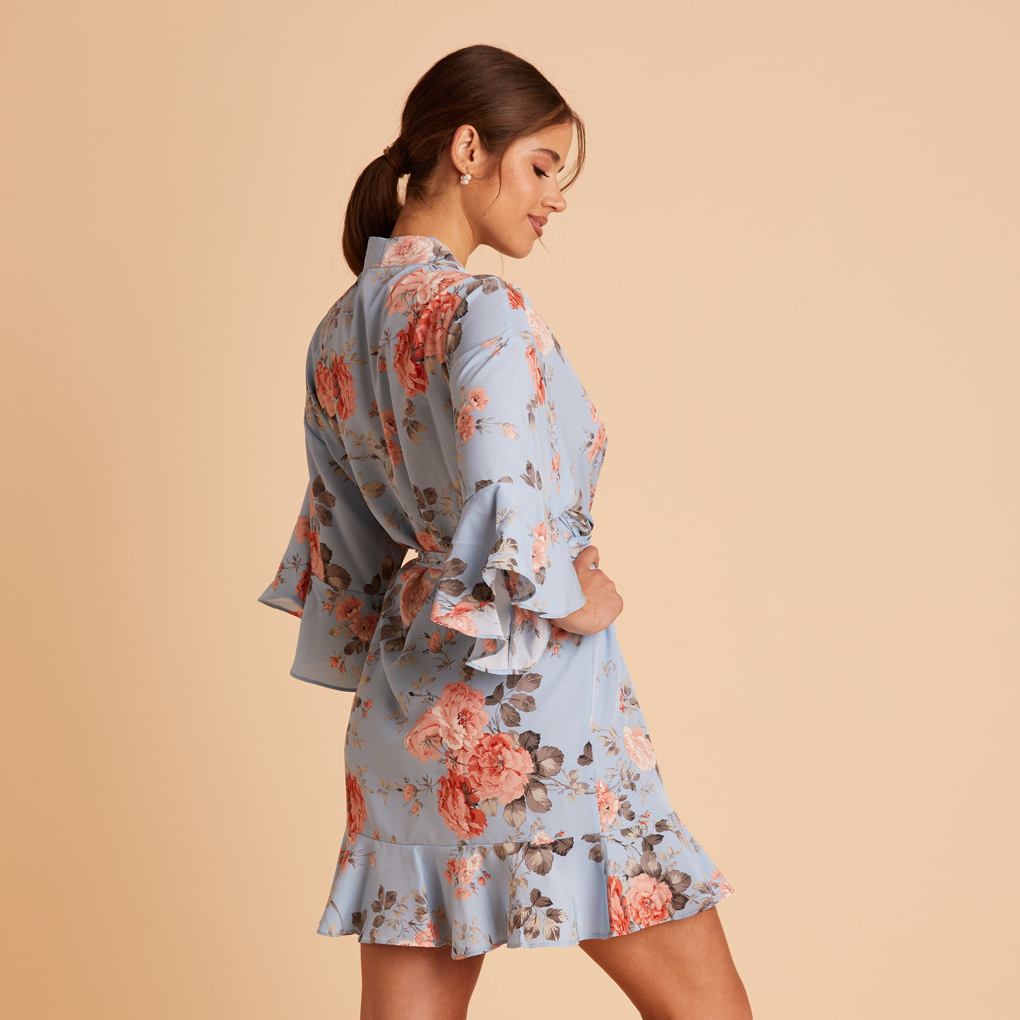 Kenny Ruffle Robe in Dusty Blue Floral by Birdy Grey, side view