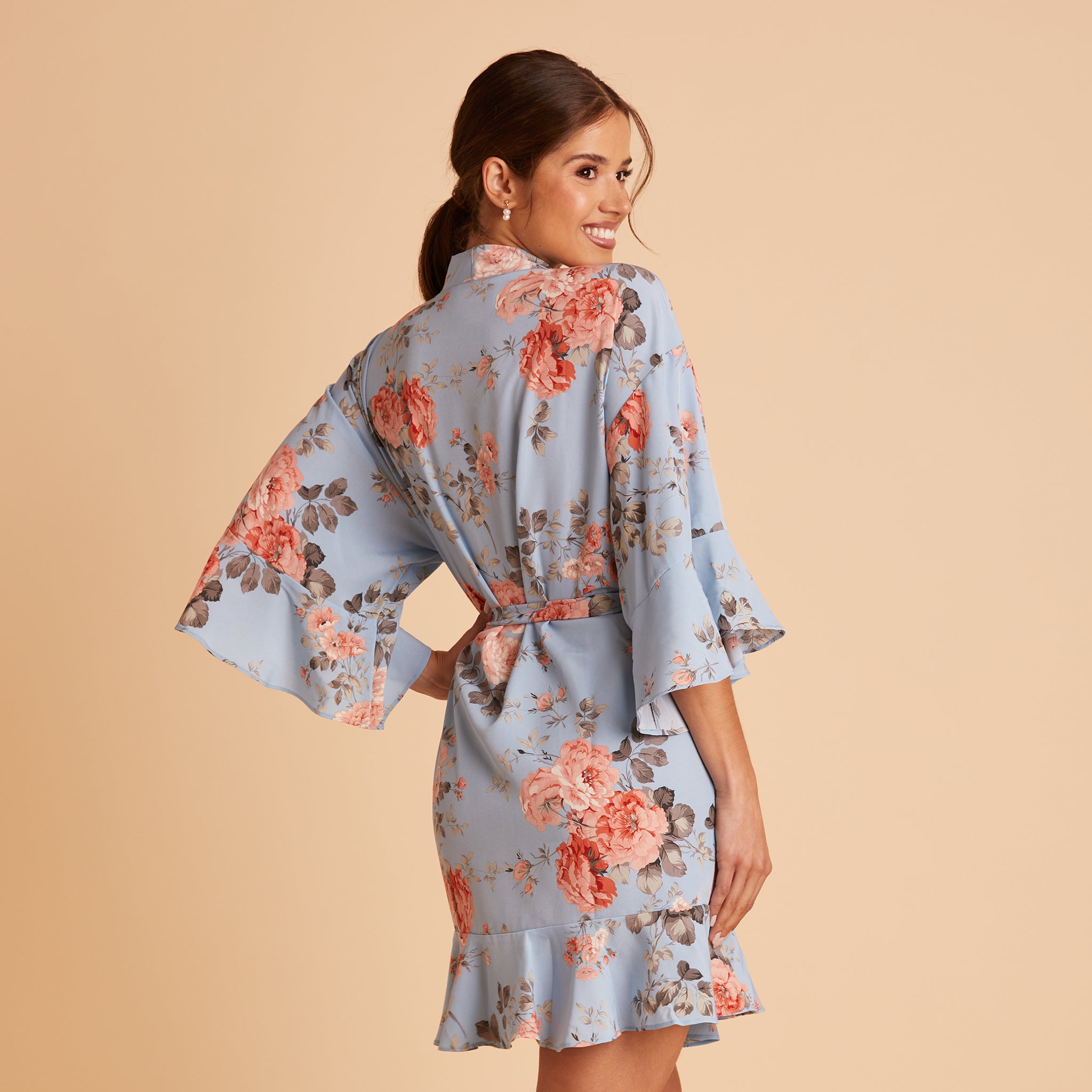 Kenny Ruffle Robe in Dusty Blue Floral by Birdy Grey, side view