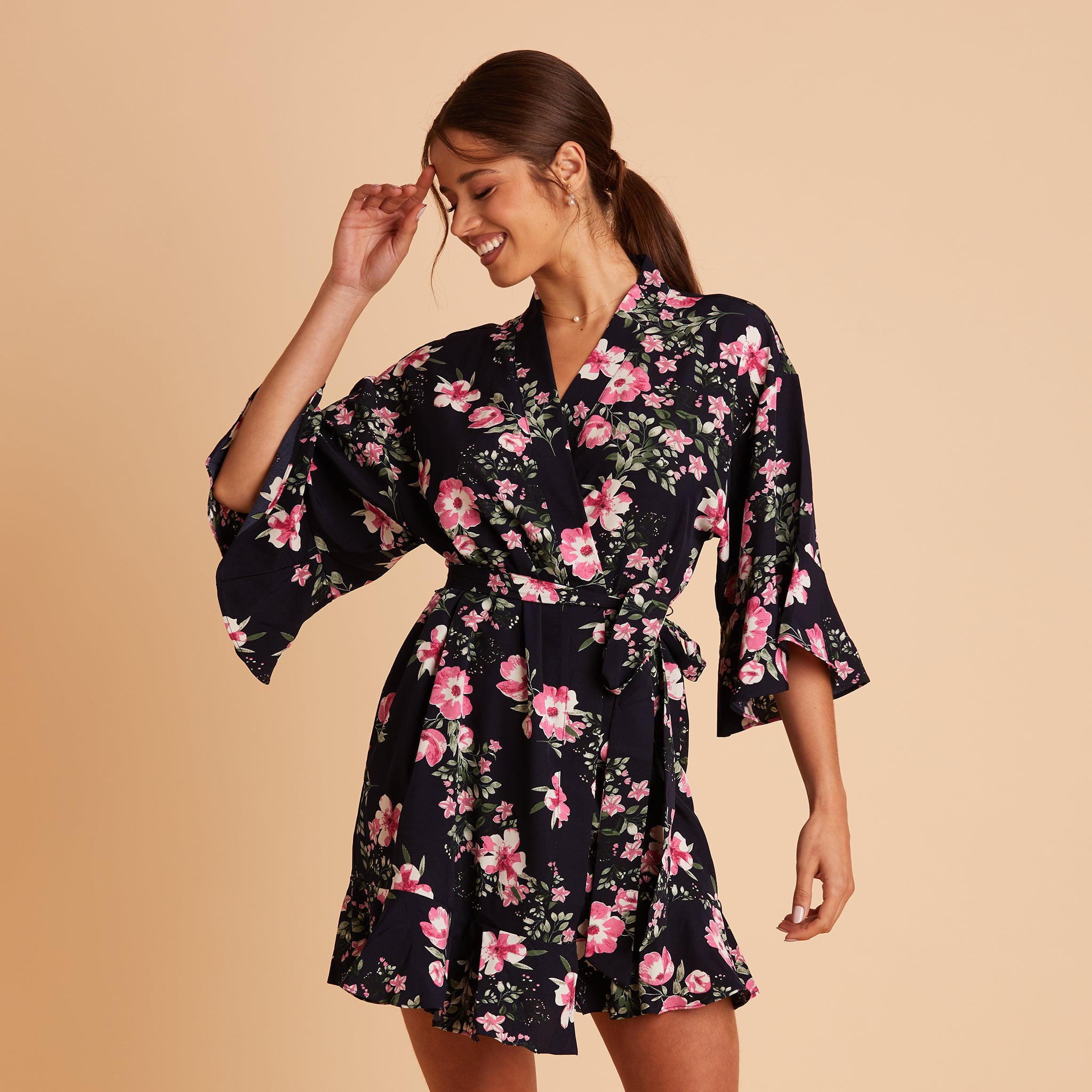 Kenny Ruffle Robe in Midnight Pink Floral by Birdy Grey, front view