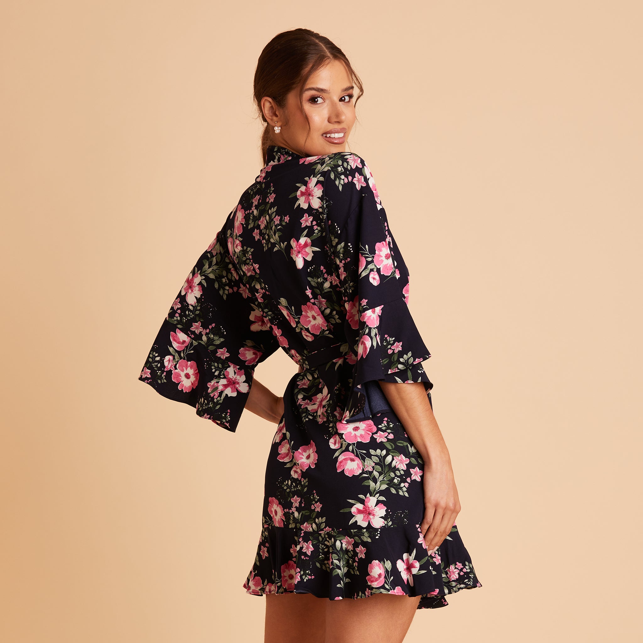 Kenny Ruffle Robe in Midnight Pink Floral by Birdy Grey, side view