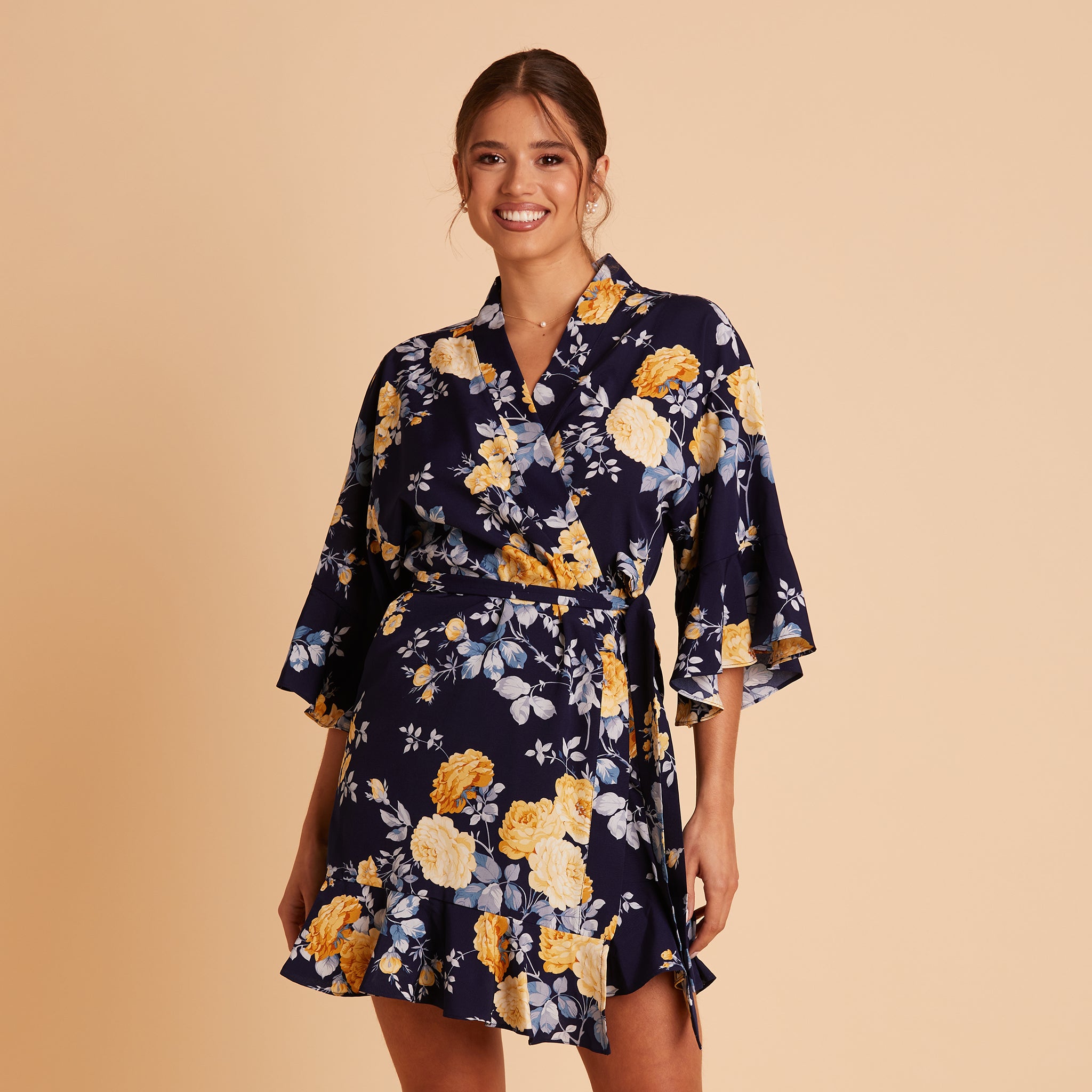 Kenny Ruffle Robe in Navy Marigold by Birdy Grey, front view