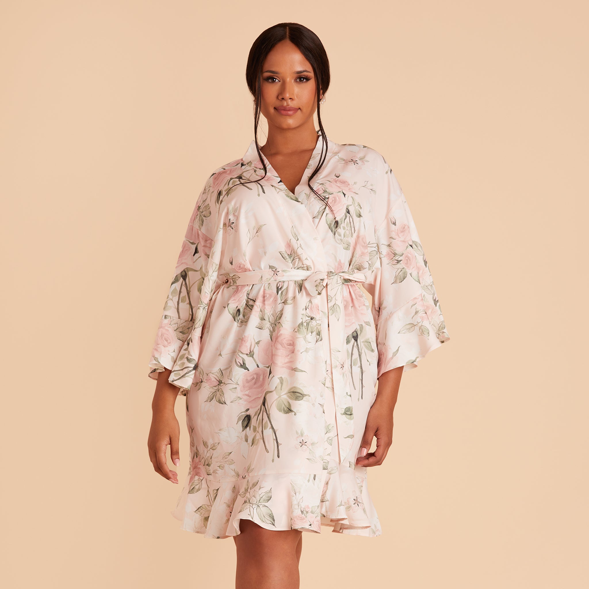 Kenny Ruffle Robe in Blush Garden Rose Floral by Birdy Grey, front view