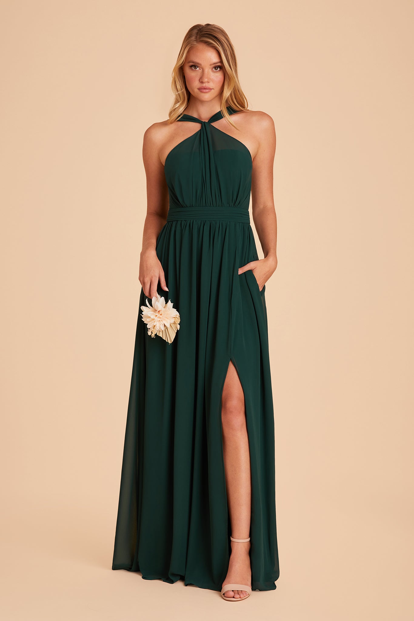 Kiko bridesmaid dress with slit in emerald chiffon by Birdy Grey, front view
